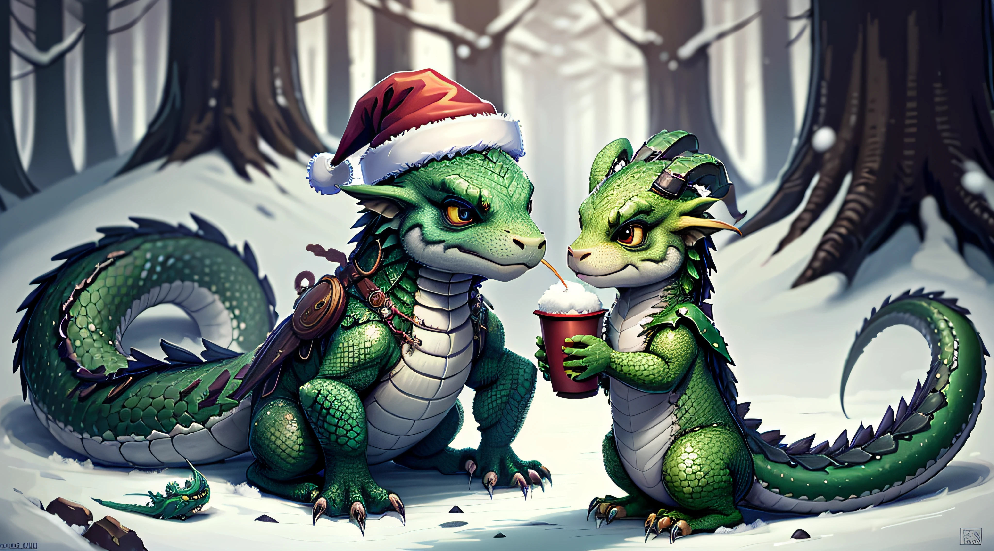 Dragon, ((Green Dragon)), ((Scales)) , Blur, Christmas Tree, Snow, Winter, (Winter Forest), (Christmas Tree), ((New Year's Toys)), (New Year's Eve), Nature, no_humans, Depth of Field, to8contrast style, DARK_Glam, (Dressed in Christmas Hat), Deep Shadows, (Dark: 1.4), (8k, RAW photo, Best Quality, Masterpiece: 1.2)
