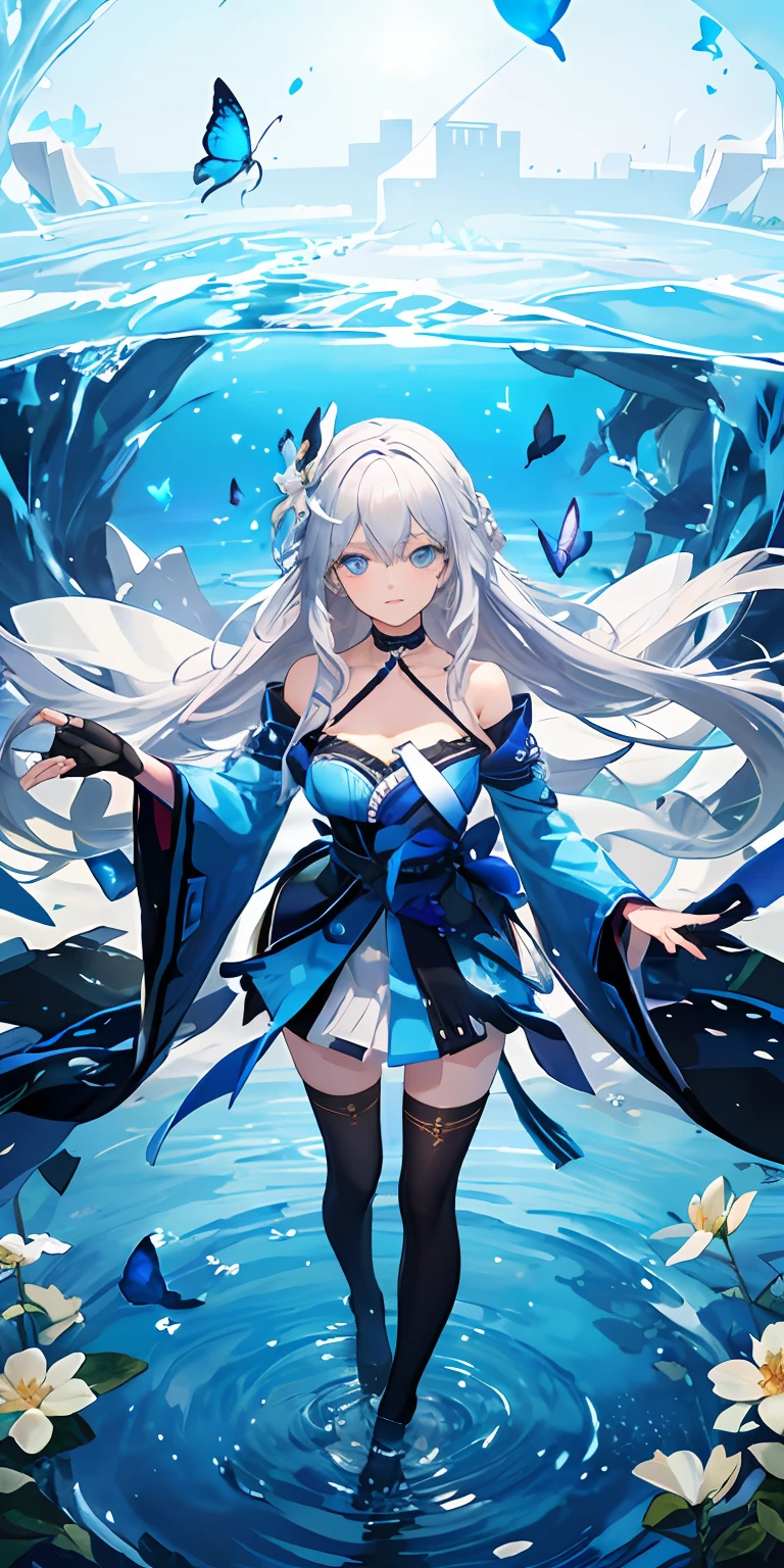 (Overhead view),dynamic angle,ultra-detailed, illustration, close-up, straight on, 1girl, (fantasy:1.4), (azure blue eyes:1.233),Her eyes shone like dreamy stars,(glowing eyes:1.233),(beautiful and detailed eyes:1.1),(Silver hair:1.14),(messy hair,very long hair,french braid,hair between eyes,sidelocks), (+(bule hair flower:1.14)),(chiffon dress,bule flower pattern in uniform)/=(military uniform:1.24),(detached sleeves,wide sleeves),(fingerless gloves),choker,(miko thighhighs),High heeled boots,(expressionless,closed mouth),(standing), (classical Princess boudoir with dressing tableand french windowin a white ancient palaces),(white flowers,bloom),(abysmal sea),(flowing water),(a dull blue world tree:1.14),(ruins),(night:1.2),dreamy,soul,(fluorescence),(flying translucent blue butterflies:1.15), [[delicate fingers and hands:0.55]::0.85],(detail fingers),(yubao:0.5),