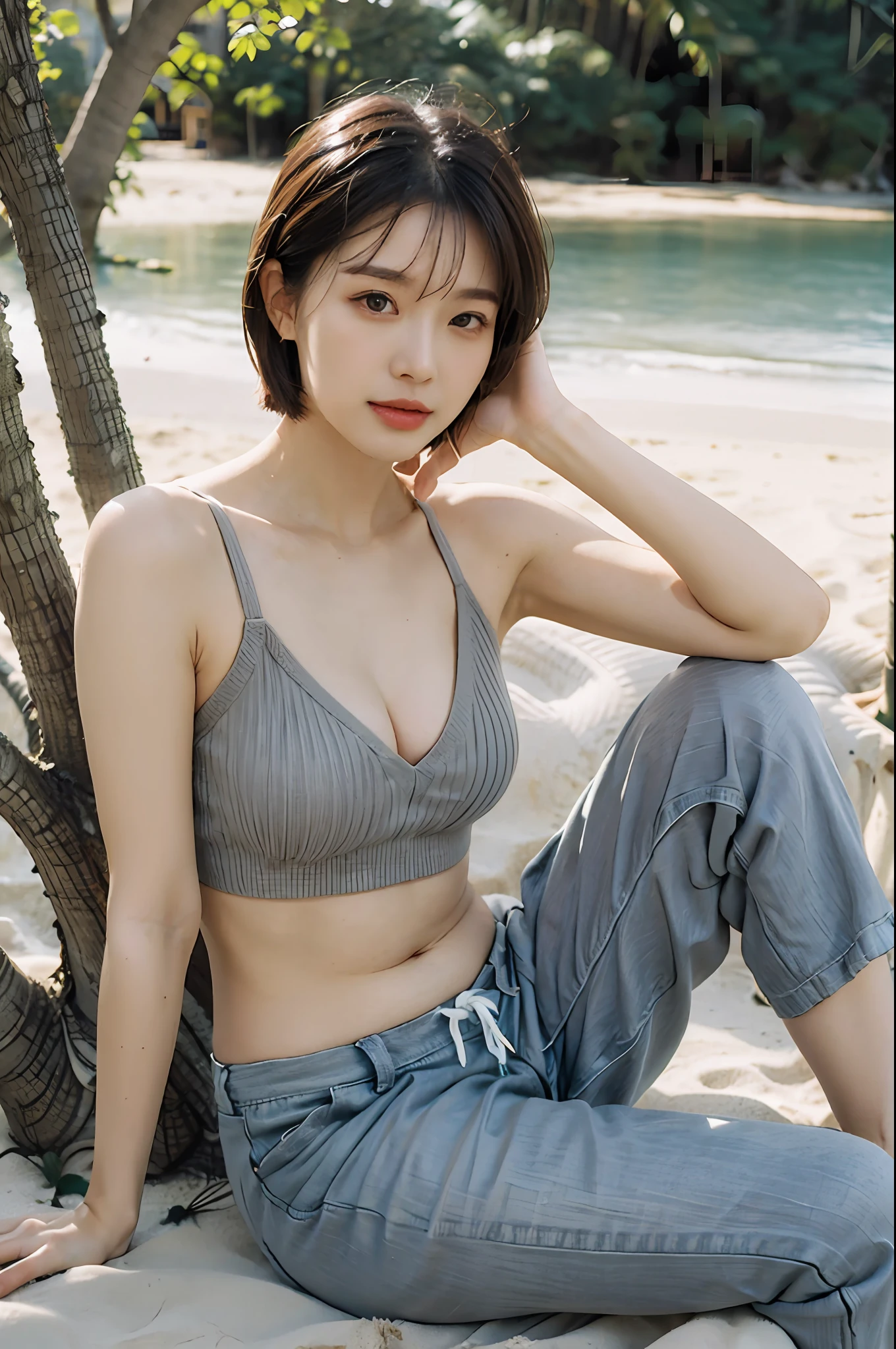 Top quality, masterpiece, ultra high resolution, (realistic: 1.4), original photo, official art, wallpaper, bust photo, skin, simple background, brown eyes, detail, finger, one girl, brown hair, short hair, gray knitwear, belly navel, skinny pants, beach, sitting on trees, sunlight, water mist, studio light,