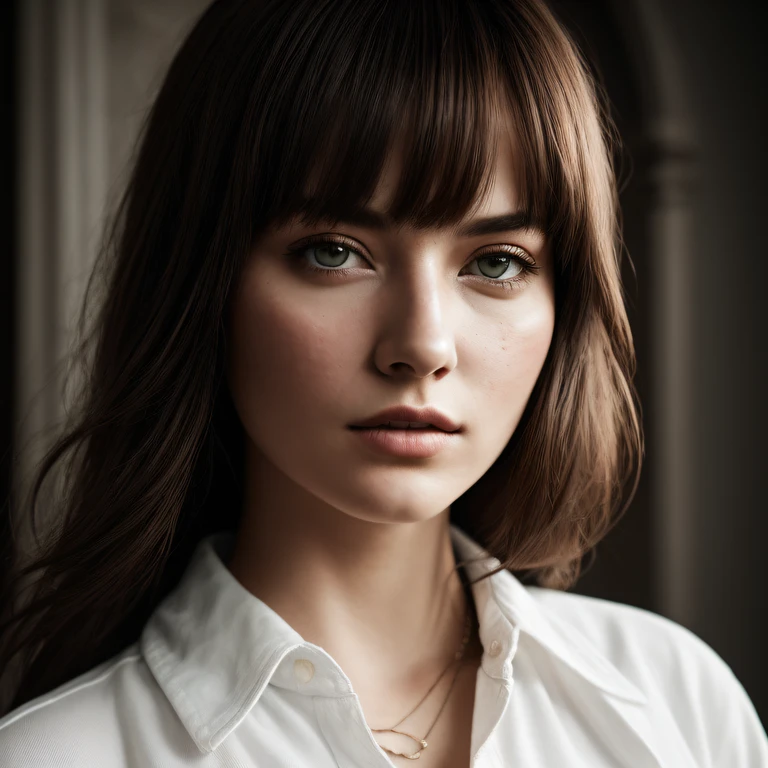 potrait of fullbody a european woman, 1 girl, wearing white clean long shirt and jean skirt, no font, ginger hair, gothic livingroom, natural skin texture, 24mm, 4k textures, soft cinematic light, RAW photo, photorealism, photorealistic, intricate, elegant, highly detailed, sharp focus, ((((cinematic look)))), soothing tones, insane details, intricate details, hyperdetailed, low contrast, soft cinematic light, dim colors, exposure blend, hdr, faded