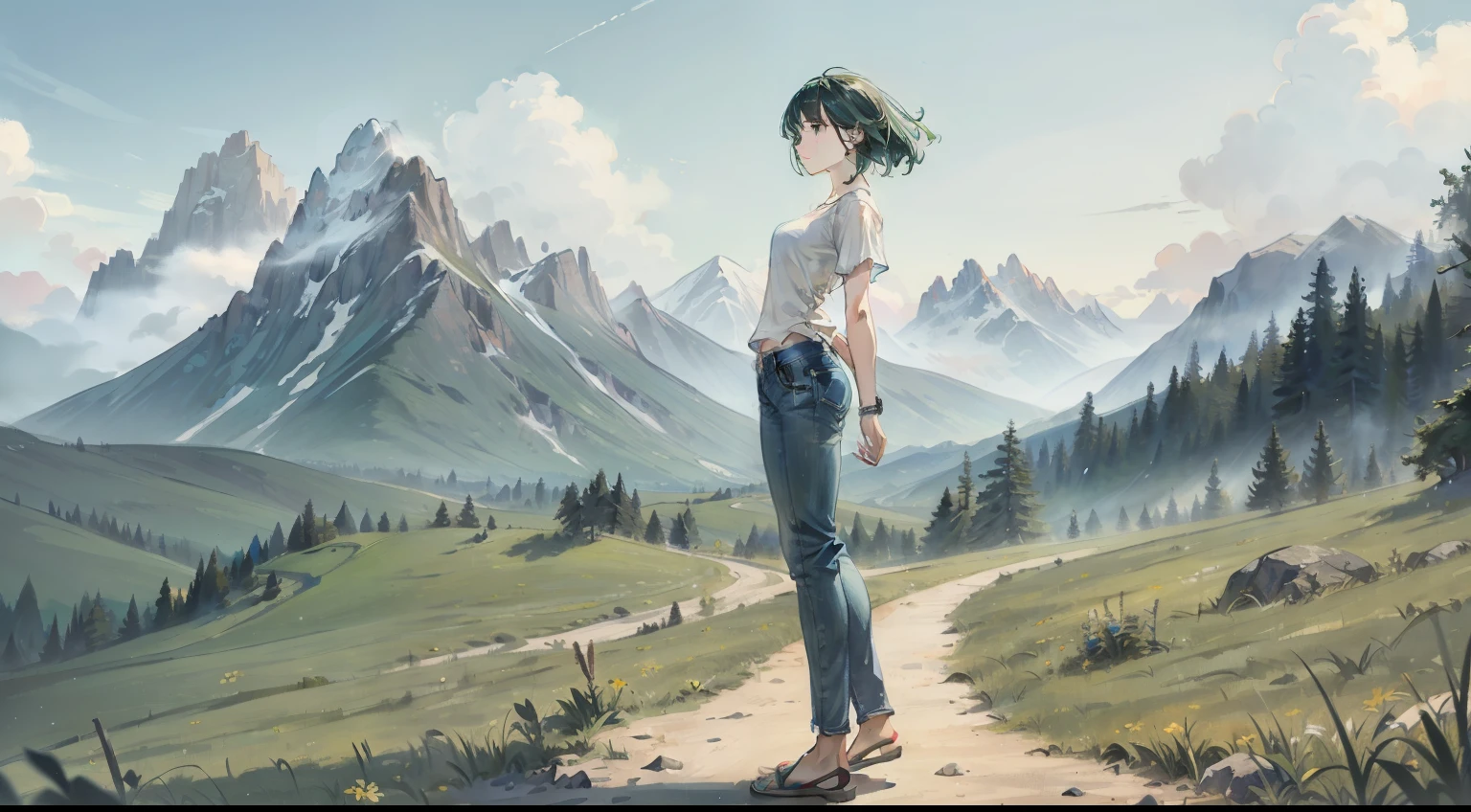 masterpiece, top quality, very delicate and beautiful, ultra definition, hi-res, very elaborate, illustration, realistic, woman standing up, mountain, green, summer, full body shot, white shirt, jeans