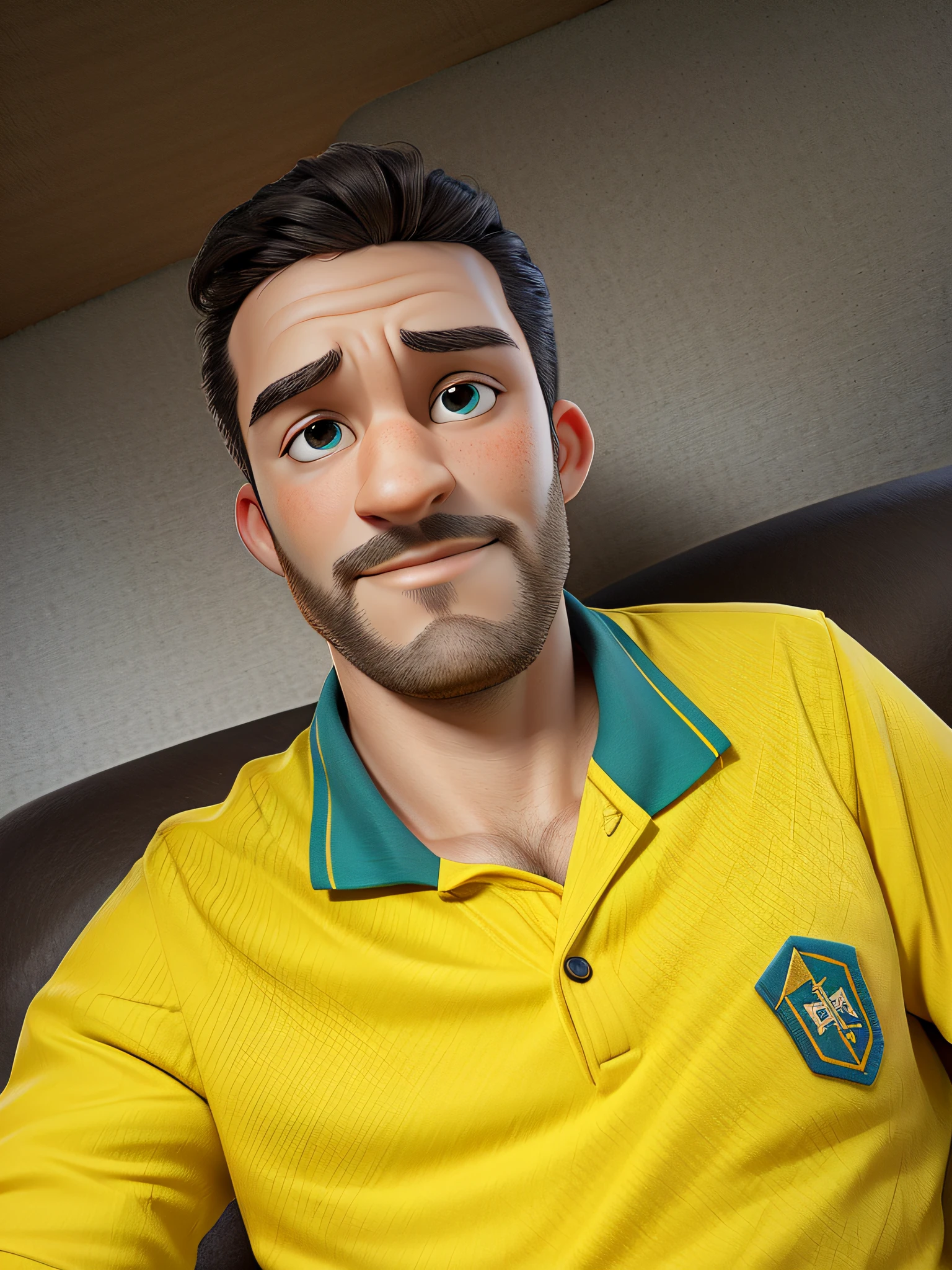 Man in yellow shirt sitting on sofa, happy, 25 years old, profile picture, selfie photography 8k