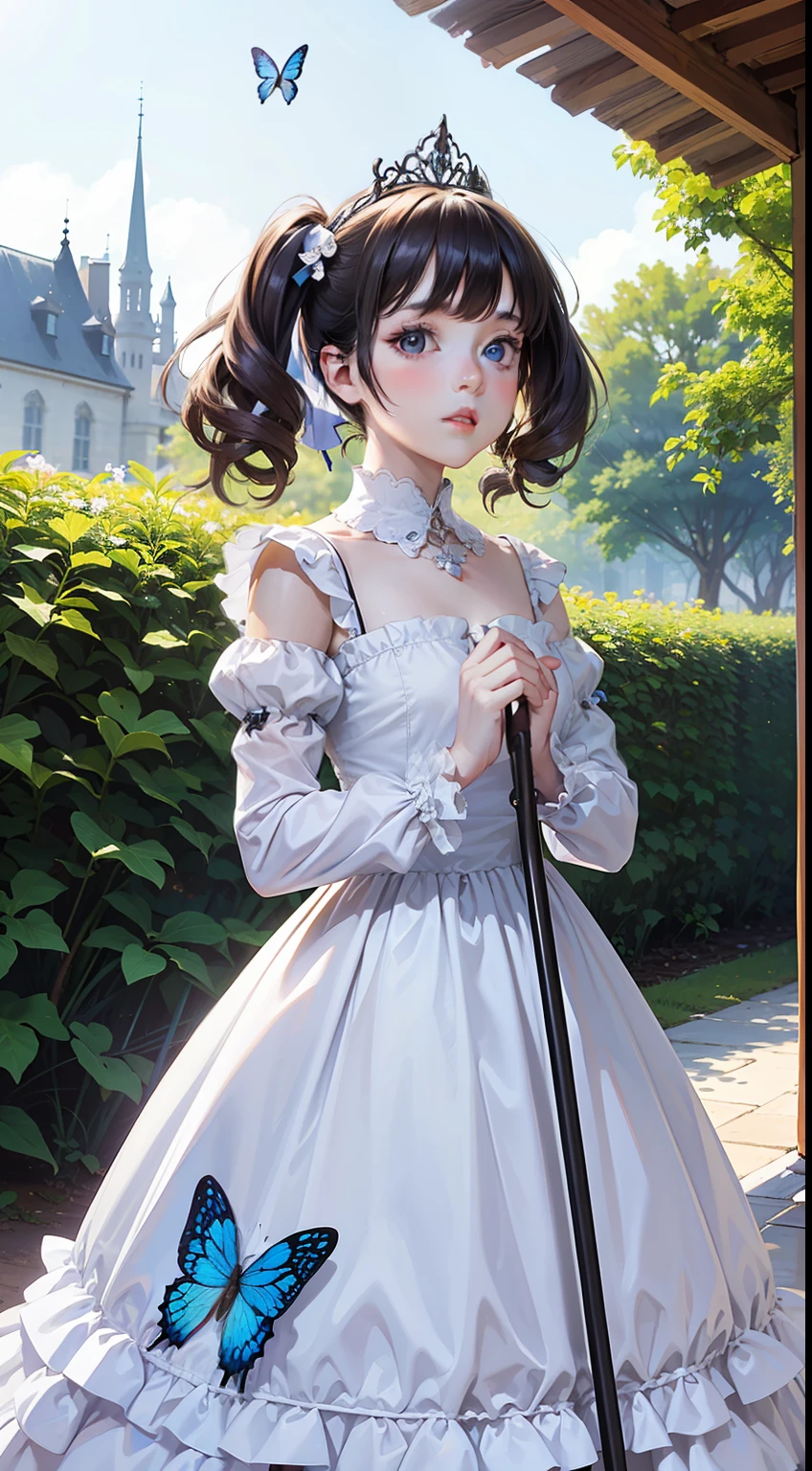 ((masterpiece)), (realistic),illustrations,(solo:1.2),(original),(very detailed wallpaper),photographic reality, very detailed illustrations, (super-complex detail),(delicate face),perfect detail features,perfect detail,(super complex details),1girl,mid shot,(lolita fashion), (pastel goth), (kawaii:1.2), (fairy tale), (innocent:1.5), (dreamy), (whimsical), (adorable), (doll-like), (cute), (frilly), (floral), (lacey), (bows), (girly), (sweet), (childlike), (playful), (pink), (light blue), (lavender), (pale yellow), (soft), (feminine), (ethereal), (angelic), (magical), (enchanted), (dainty), (princess), (daydreaming), (blushing), (giggling), (twirling), (holding a plushie), (walking in a garden), (sitting on a swing), (looking up at the sky), (surrounded by butterflies), (standing in front of a castle), (wearing a tiara), (carrying a parasol).
The character is a charming and innocent girl dressed in a combination of pastel goth and lolita fashion. She wears a frilly and floral dress, adorned with lace and bows, and her hair is styled in pigtails with cute hair accessories. Her expression is dreamy and whimsical, as if lost in thought or daydreaming. She holds a plushie in her arms, and there are butterflies fluttering around her. In the background, she stands in a garden or in front of a castle, surrounded by a fairy tale-like atmosphere. She is girly and childlike, exuding an ethereal and angelic aura, as if she stepped out of a magical world.