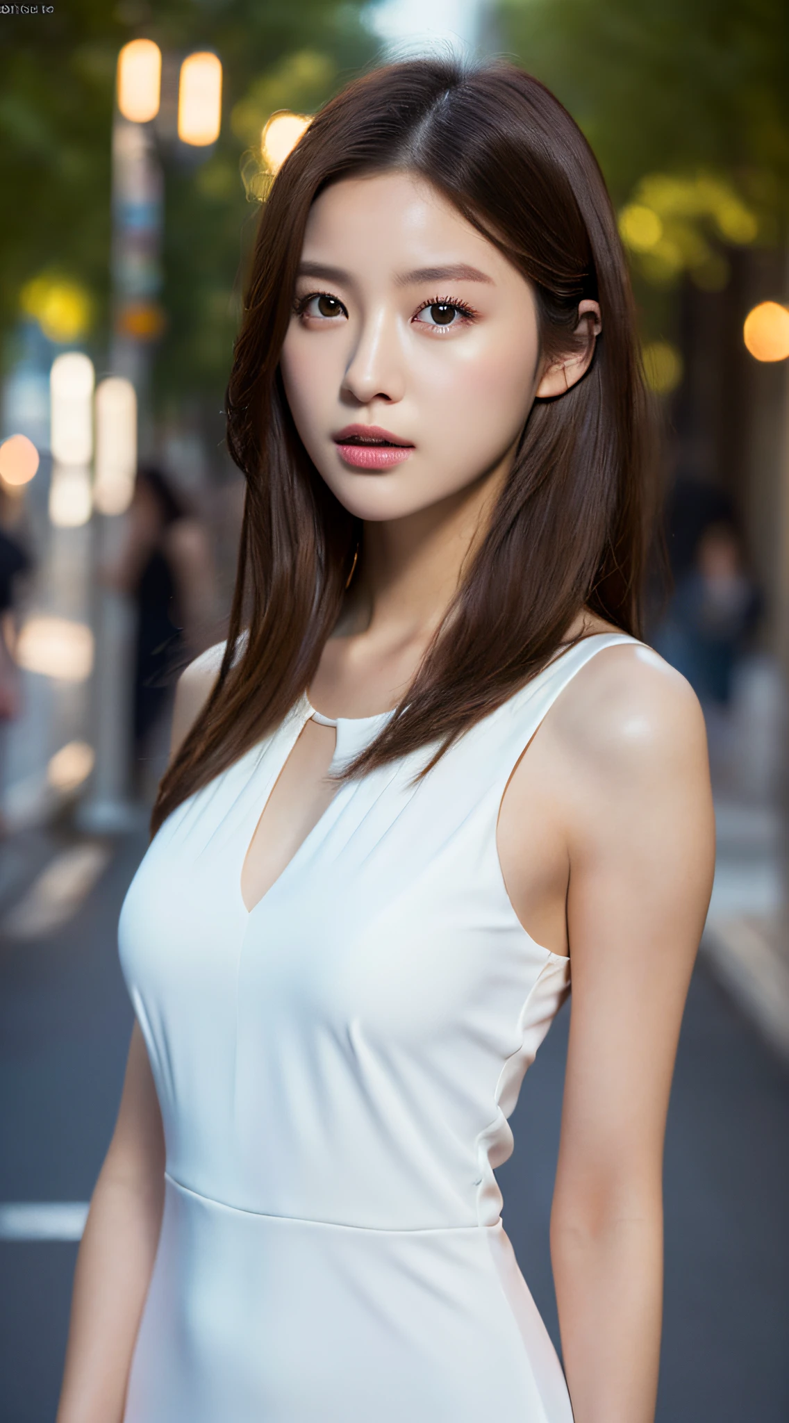 ((Realistic lighting, Best quality, 8K, Masterpiece: 1.3)), Focus: 1.2, 1girl, Perfect Figure: 1.4, Slim Abs: 1.1, ((Dark brown hair)), (White dress: 1.4), (Outdoor, Night: 1.1), City streets, Super fine face, Fine eyes, Double eyelids,