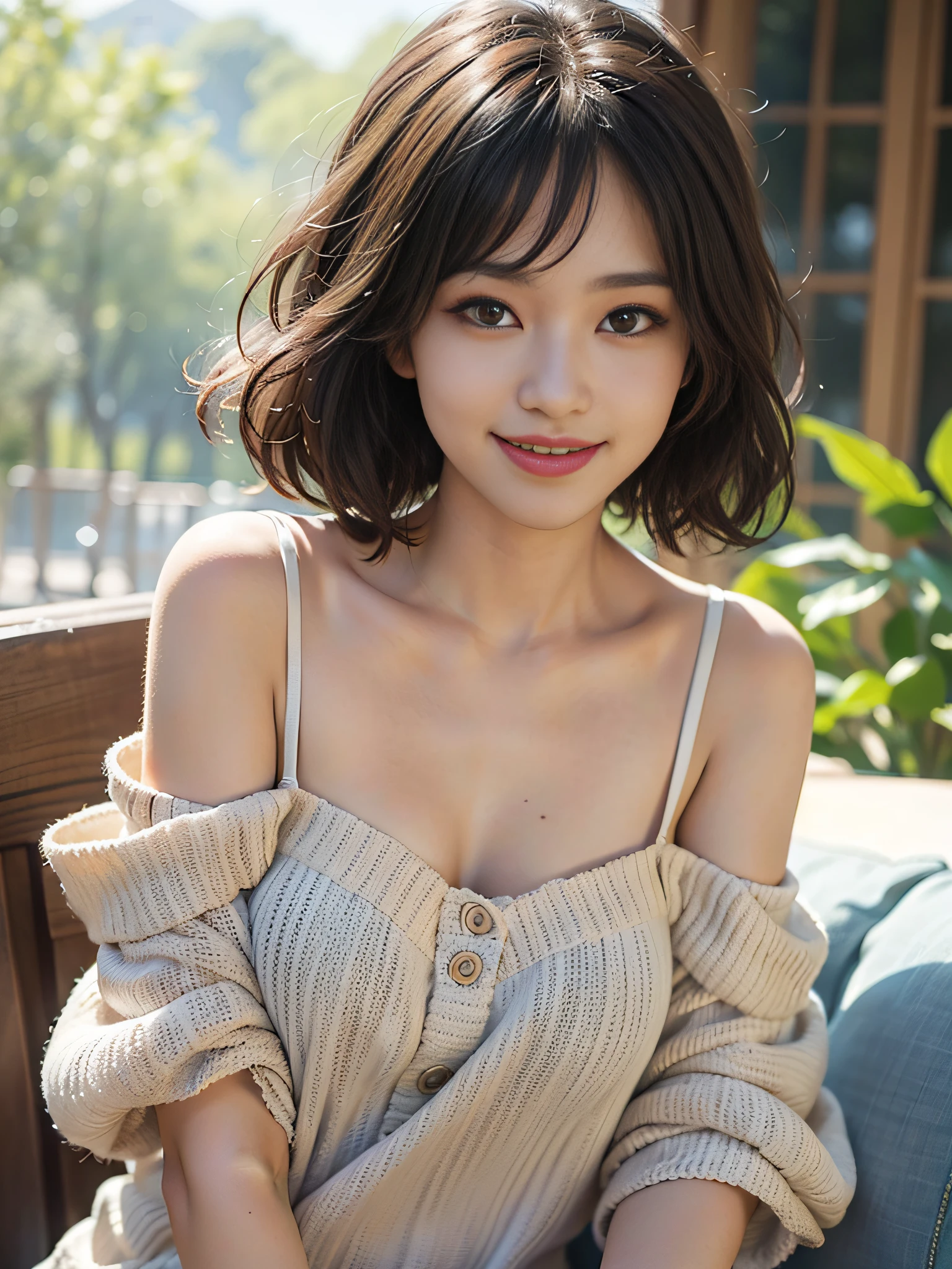 best quality, masterpiece, ultra high res, photorealistic, 1girl, offshoulder, smile