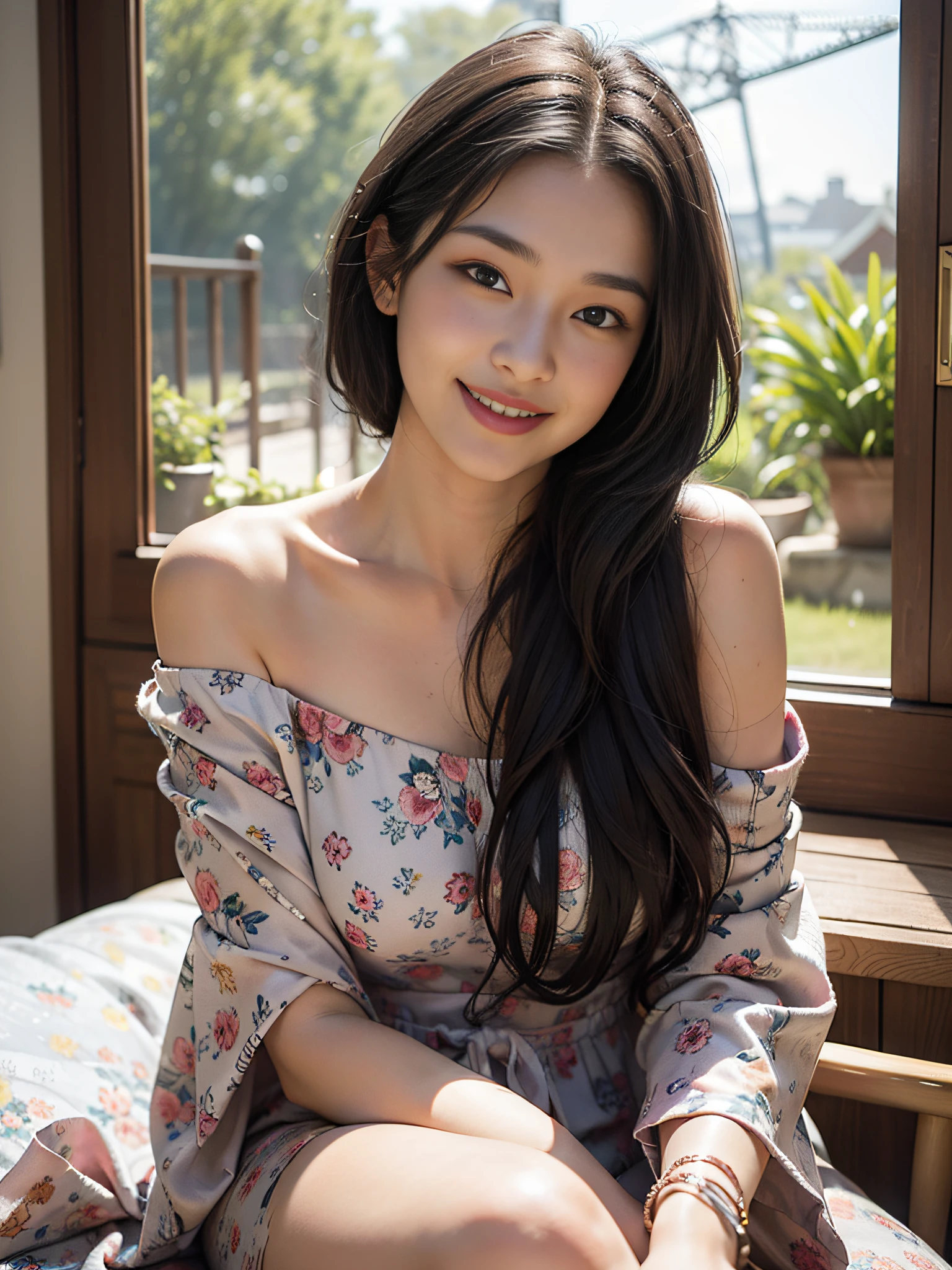 best quality, masterpiece, ultra high res, photorealistic, 1girl, offshoulder, smile