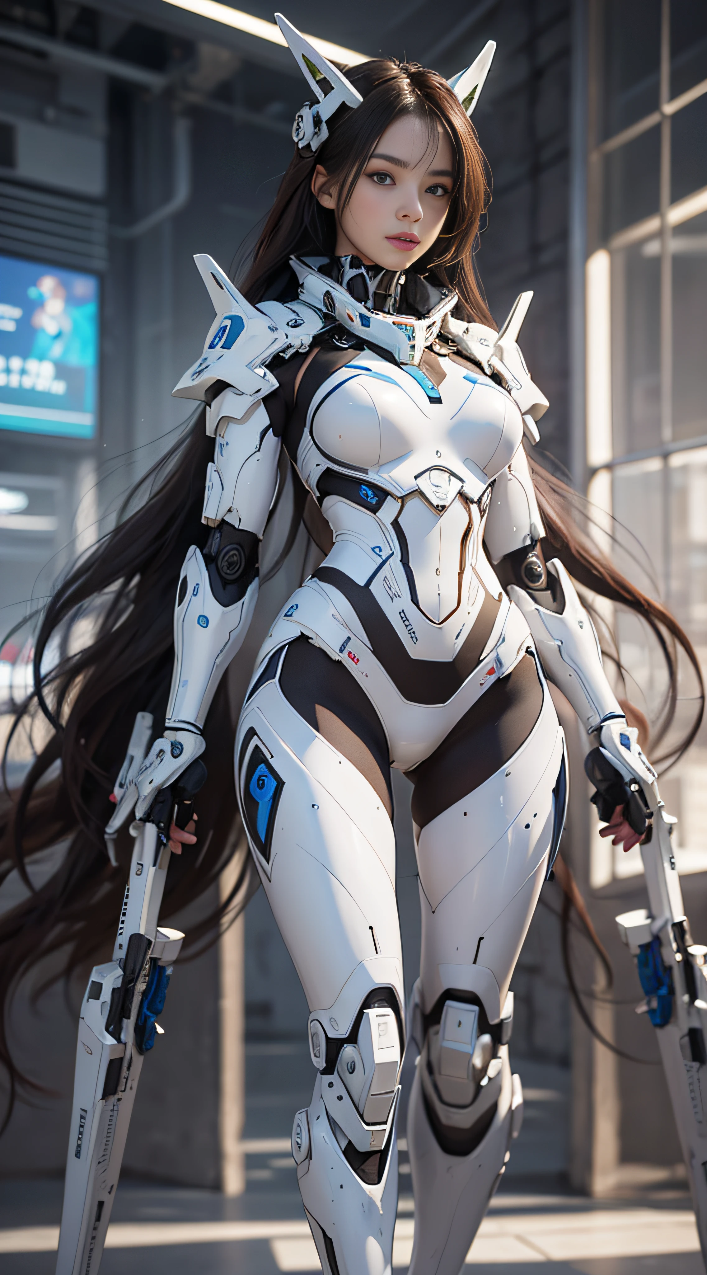 A girl looking at the audience, brunette hair, long hair, mechanical, high detail, futuristic, realism, full body, UHD, masterpiece, anatomically correct, super detail, best quality, high resolution, 8k, HD, white mecha, high-tech mecha, (full body: 1.5), frontal, perfect facial proportions, upright body, beautiful eyes, perfect face, detailed face,