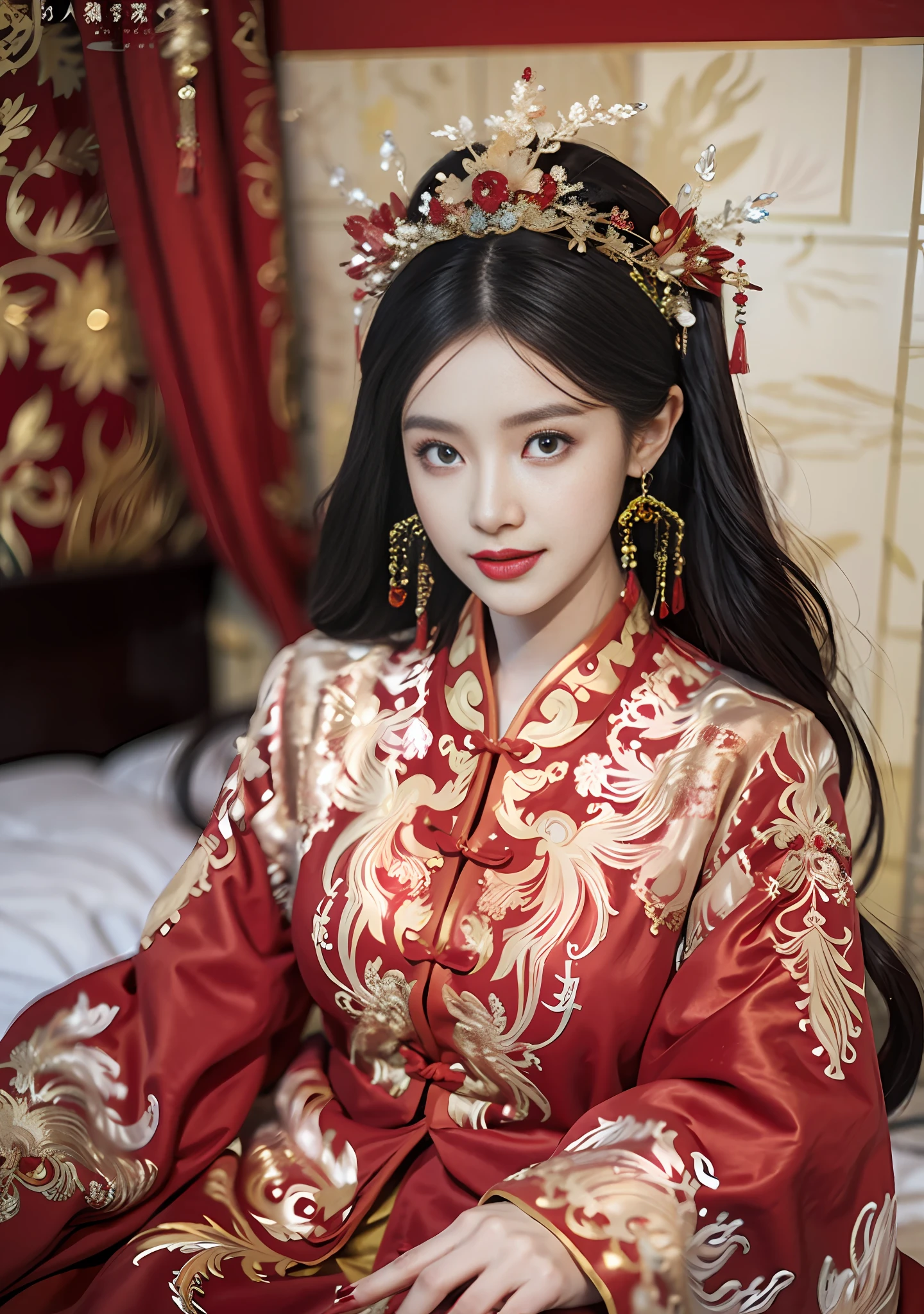 (Ultra-realistic 8k CG: 1.2), perfect artwork, delicate patterns, intricate details, (unparalleled masterpiece, best quality: 1.2), (extremely complex: 1.2), a woman in a red and gold dress, phoenix crown, hair stick, (sitting on a red bed), makeup, blush, shyness, black_hair, looking down, cosmetics, (forehead point), (2 red candles), Chinese_clothes, curtains, earrings, hair_ornament,hanfu, interior, jewelry, red nails, long_sleeves, red dress, red lips, tassels, (red quilt), (red palace: 1.2), (ancient Chinese architecture), (red: 1.8), night