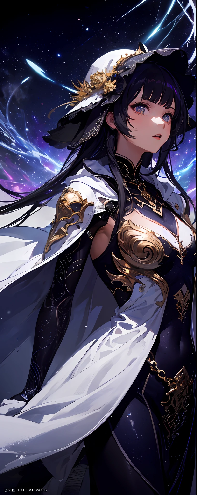 (masterpiece, top quality, best quality, official art, beautiful and aesthetic:1.2), (1girl), extreme detailed, (fractal art:1.3), colorful, highest detailed, perfect face, upper body, HDR, (praying:1.3), (white cloak golden lines:1.2), galaxy, (light streaks), striking visuals, (dynamic streaks, luminous trails:1.2), vibrant colors,