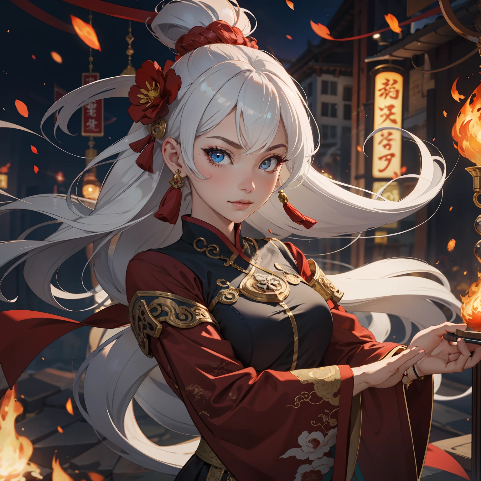 1girl, liuyun, fire ball, long hair, floating hair, hair flower, eastern dragon, red and white, upper body, looking at viewer,