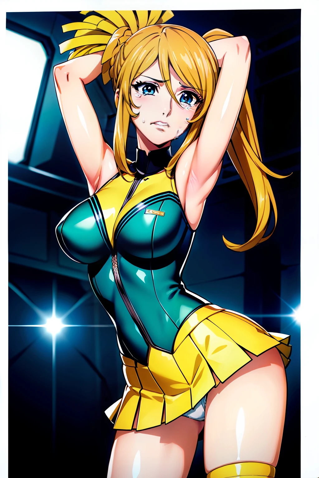(cowboy shot:1.6),(Low Angle,from below:1.8),8k, 1girl,dark room,(cheerleader costume with micro miniskirt,see sexy-white-panty,form micro-miniskirt:1.9),(rope shibari over the clothes:1.8), (arms up,tied her wrists together behind head :1.8),night, medium breasts,(with natural pointy tits:1.4) ,1 girl, 18yo,Young female,Beautiful Finger,Beautiful long legs,Beautiful body,Beautiful Nose,Beautiful character design, (long hair,pony tail:1.8),perfect eyes, perfect face,(frown,disgust,open eyes tightly,glaring,crying,nose-blushing,:1.2),(biting lip:1.3), solo focus, cowboy shot, (masterpiece:1.4),(best quality:1.4),(shiny skin), NSFW,official art,extremely detailed CG unity 8k wallpaper, perfect lighting,Colorful, Bright_Front_face_Lighting, (masterpiece:1.0),(best_quality:1.0), ultra high res,4K,ultra-detailed, photography, 8K, HDR, highres, absurdres:1.2, Kodak portra 400, film grain, blurry background, bokeh:1.2, lens flare, (vibrant_color:1.2) ,steaming body ,