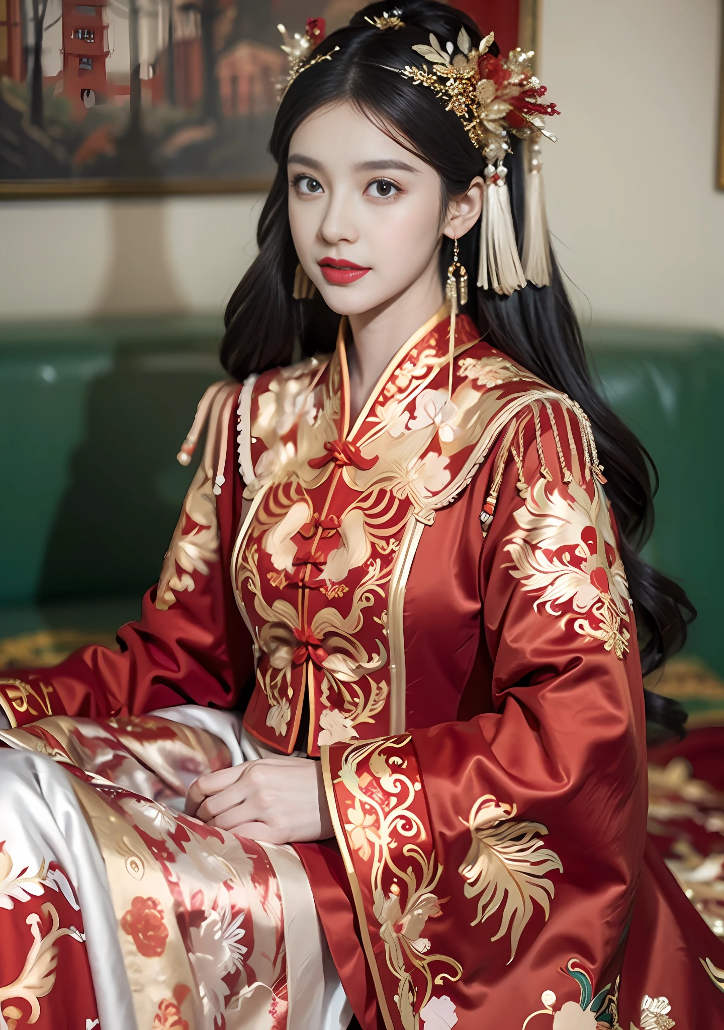 (Ultra-realistic 8k CG: 1.2), perfect artwork, delicate patterns, intricate details, (unparalleled masterpiece, best quality: 1.2), (extremely complex: 1.2), a woman in a red and gold dress, phoenix crown, hair stick, (sitting on a red bed), makeup, blush, shyness, black_hair, looking down, cosmetics, (forehead point), (2 red candles), Chinese_clothes, curtains, earrings, hair_ornament,hanfu, interior, jewelry, red nails, long_sleeves, red dress, red lips, tassels, (red quilt), (red palace: 1.2), (ancient Chinese architecture), (red: 1.8), night