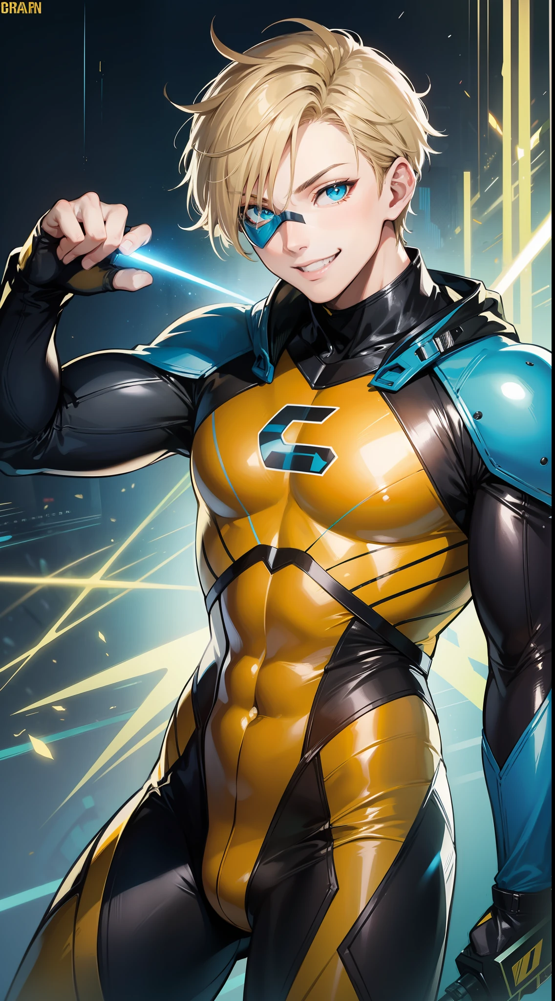 Young guy, short blonde hair, cyan eyes, yellow blue superhero costume, superhero mask, smile, laser, masterpiece, high quality