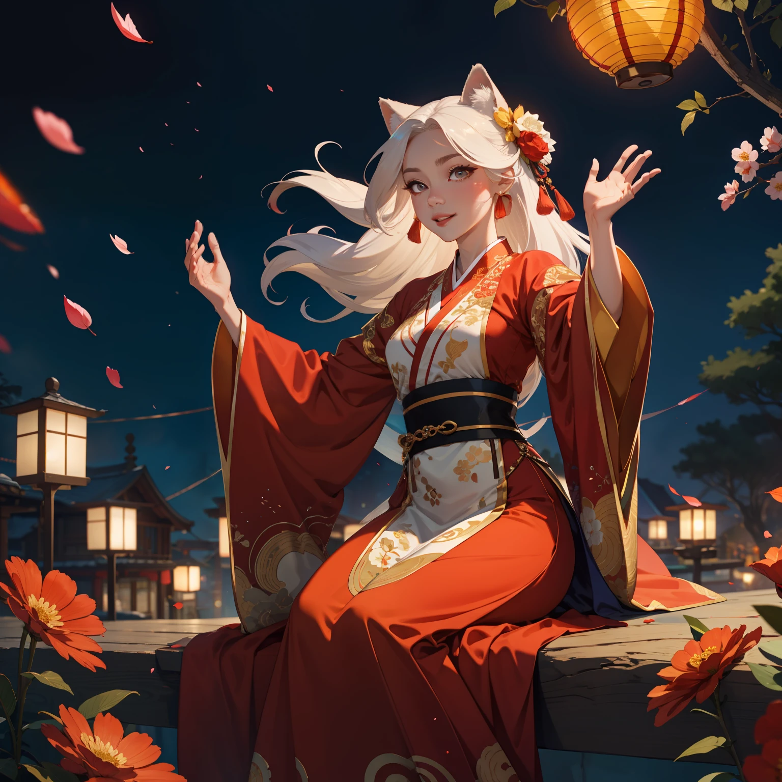 Superb Quality, Masterpiece, High Resolution, (Exquisite Body: 2.0), Stunning Beauty, (Milky Skin: 1.5), Exquisite Details, High Resolution, Wallpaper, 1 Female, Solo, Dress, (((Golden Red Dress)) ), Long White Hair, Fox's Tail, Feminine Smile, Gorgeous Accessories, Long Sleeves, Raised Hands, Wide Sleeves, Big Eyes, Flowing Hair, Hanfu, Hanfu, Embroidery, Long Skirt, Feminine Pose, Falling Petals, Lantern, 16K, HDR, High Resolution, Depth of Field, (Film Grae: 1.1), Bocon, Primetime, (Lens Glow), Vignette, Rainbow, (Color Grading: 1.5)