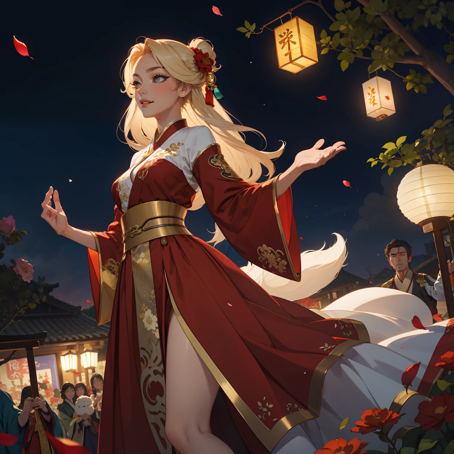 Superb Quality, Masterpiece, High Resolution, (Exquisite Body: 2.0), Stunning Beauty, (Milky Skin: 1.5), Exquisite Details, High Resolution, Wallpaper, 1 Female, Solo, Dress, (((Golden Red Dress)) ), Long White Hair, Fox's Tail, Feminine Smile, Gorgeous Accessories, Long Sleeves, Raised Hands, Wide Sleeves, Big Eyes, Flowing Hair, Hanfu, Hanfu, Embroidery, Long Skirt, Feminine Pose, Falling Petals, Lantern, 16K, HDR, High Resolution, Depth of Field, (Film Grae: 1.1), Bocon, Primetime, (Lens Glow), Vignette, Rainbow, (Color Grading: 1.5)