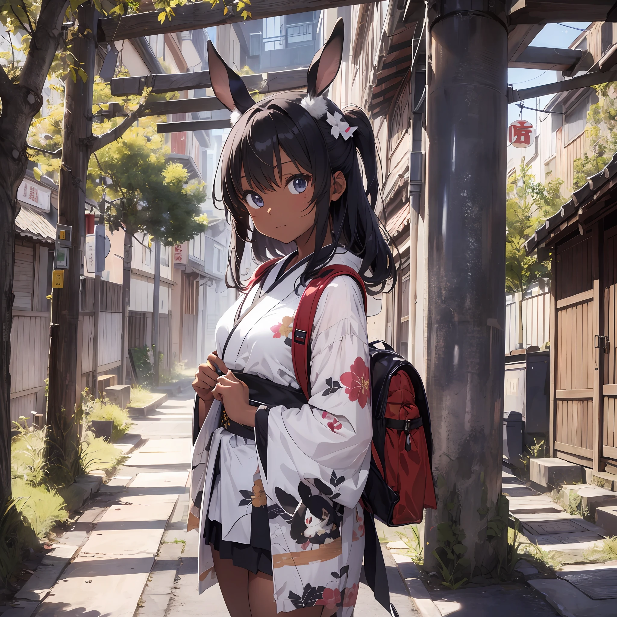 Black and white photos, kimono, shrine, torii, thick eyebrows, (huge backpack: 1.5), (dark skin: 1.3), brown skin, movie lighting, small, rabbit ears, (master master masterpiece), ((best quality)), (super detailed), shiny skin, full body anime girl, clean and detailed anime face, high resolution anime eyes, five fingers, textile shading, perfect human structure, perfect anatomy,