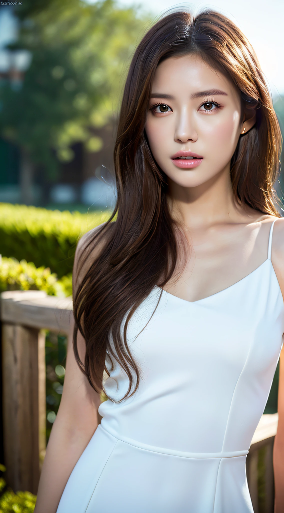 ((Realistic lighting, Best quality, 8K, Masterpiece: 1.3)), Clear focus: 1.2, 1girl, Perfect body beauty: 1.4, Slim abs: 1.1, ((dark brown hair)), (White dress: 1.4), (Outdoor, night: 1.1), Landscape scenery, Super fine face, Fine eyes, Double eyelids