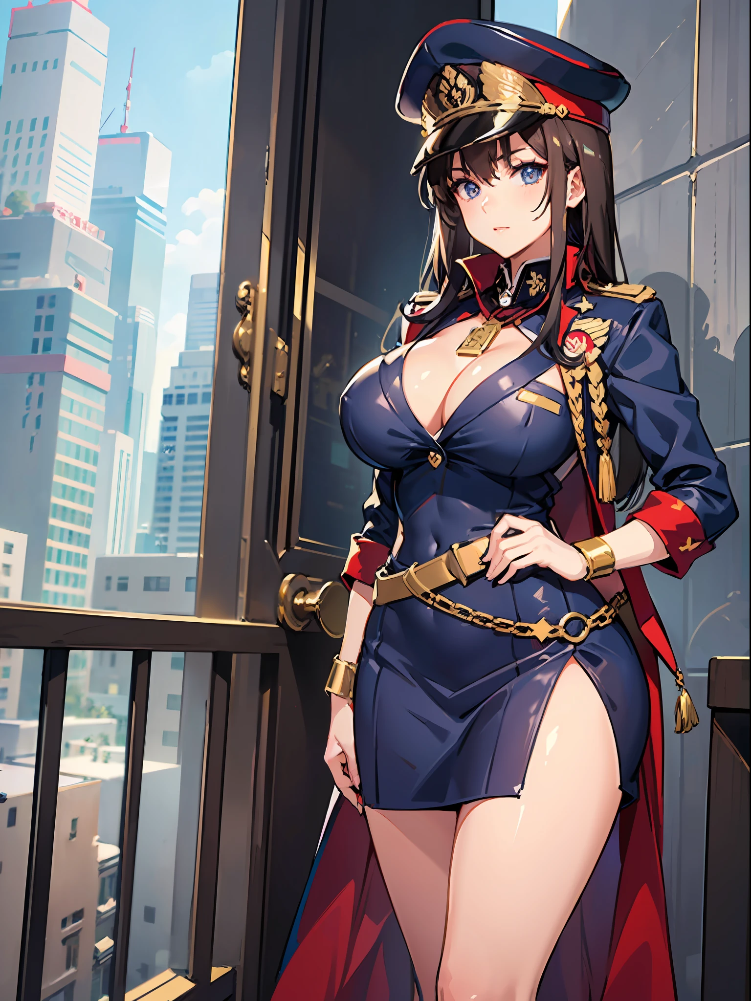 Women (upper body: 1.2 1 girl, masterpiece, top quality, super detailed, illustrations, big eyes and detailed face), wide waist, huge breasts, attractive, viewer looking, curvaceous, sensual, full-body, (late age women), solo, (curves: 1), big buttocks, thighs, (navy blue military officer uniform), (navy blue tight skirt), brown leather belt with gold buckle (gold trimming of costume), (medal on chest), ( Rank symbol on arm), (military cap with gold symbol), (posing seductively on the balcony), warm lighting, watching the viewer, (medium shot photo), (city council building background), anime style