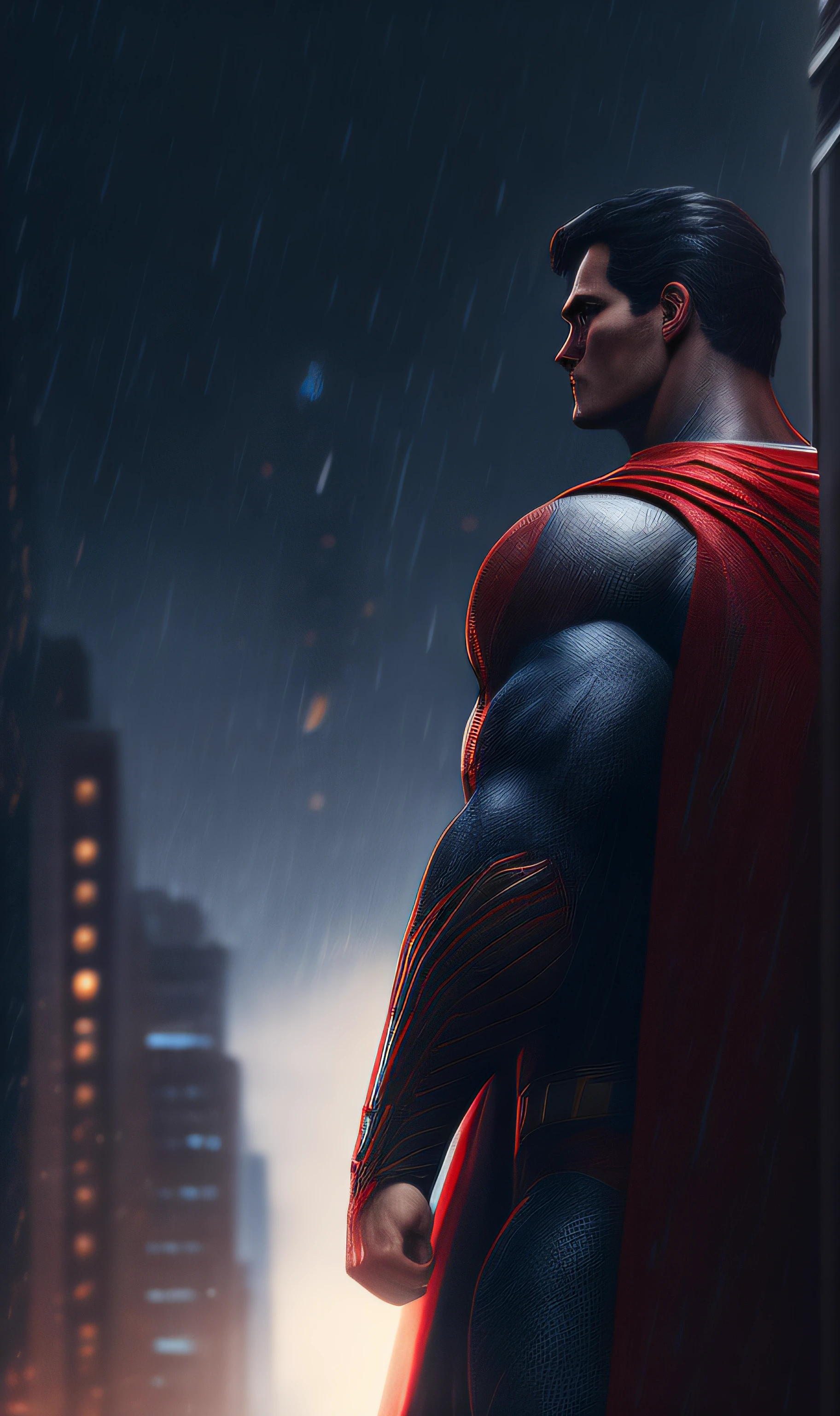 photo of  Superman-Man from Marvel standing outside the city 17, rainy, rtx, octane, unreal