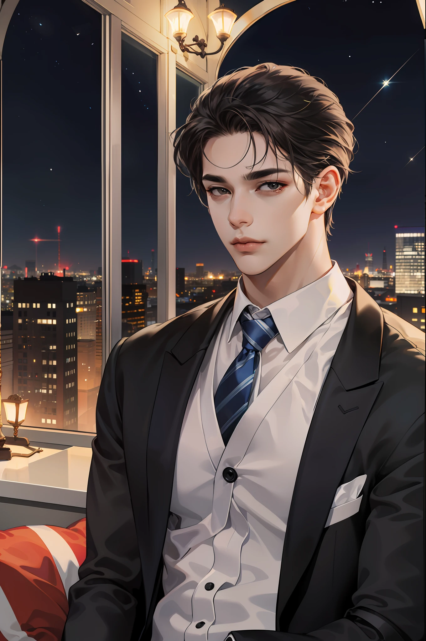 (absurd, hi-res, ultra-detailed), (male one, solo, tall rather muscular man, handsome), short hair, black hair, pomade, brown eyes, (angular chin: 1.4, thick neck: 1.4, thick eyebrows: 1.4), rest, night, dark, night view of the city from a large window, formal suit, tie, rest, upper body, SeaArt Bot
Control Net
13:40:36
anime,watercolor,painting,art style, (best quality), viewer, young man,((beautiful)), pretty face,black eyes,man of Middle Eastern descent, black hair, slim, thick and dignified curved eyebrows, clear and large eyes, peach blossom eyes, peach blossom eyes, black eyes, chiseled face, large nose, broad forehead, brown skin, long eyelashes, tear bags