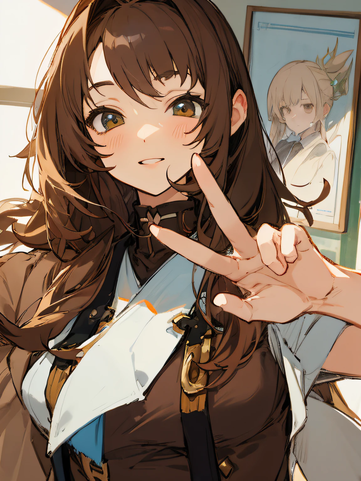 portrait,drawing of a woman peace sign,long brown hair,brown dress,pixiv,kishida mel style