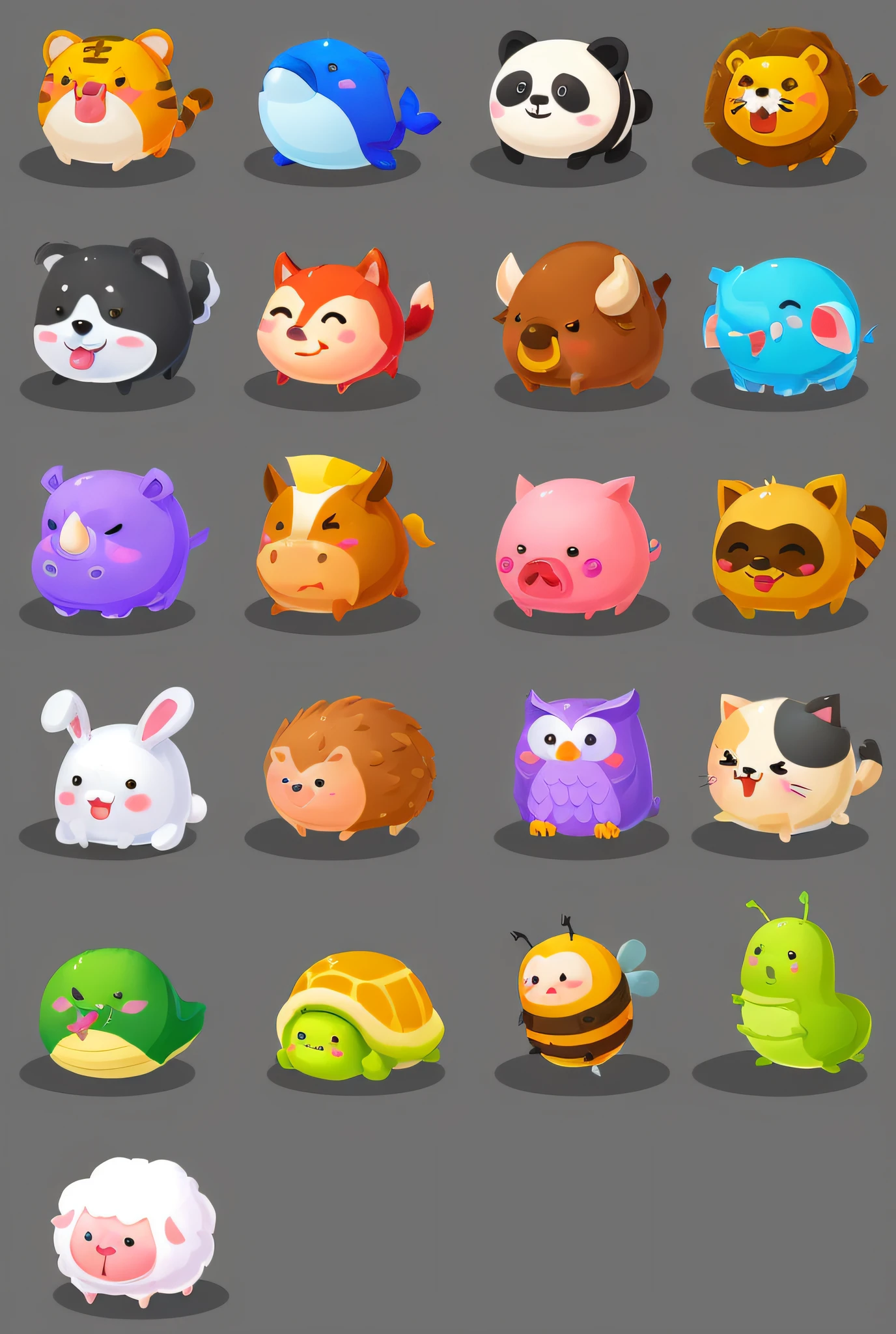a close up of a bunch of cartoon animals on a gray background, cute creatures, cute animals, cute characters, cute colorful adorable, cute cartoon character, illustrations of animals, cute monster character design, cute animal, game icon asset, various animals, cute, cute single animal, cute digital art, pet animal, digital art emoji collection, cute coronavirus creatures --auto