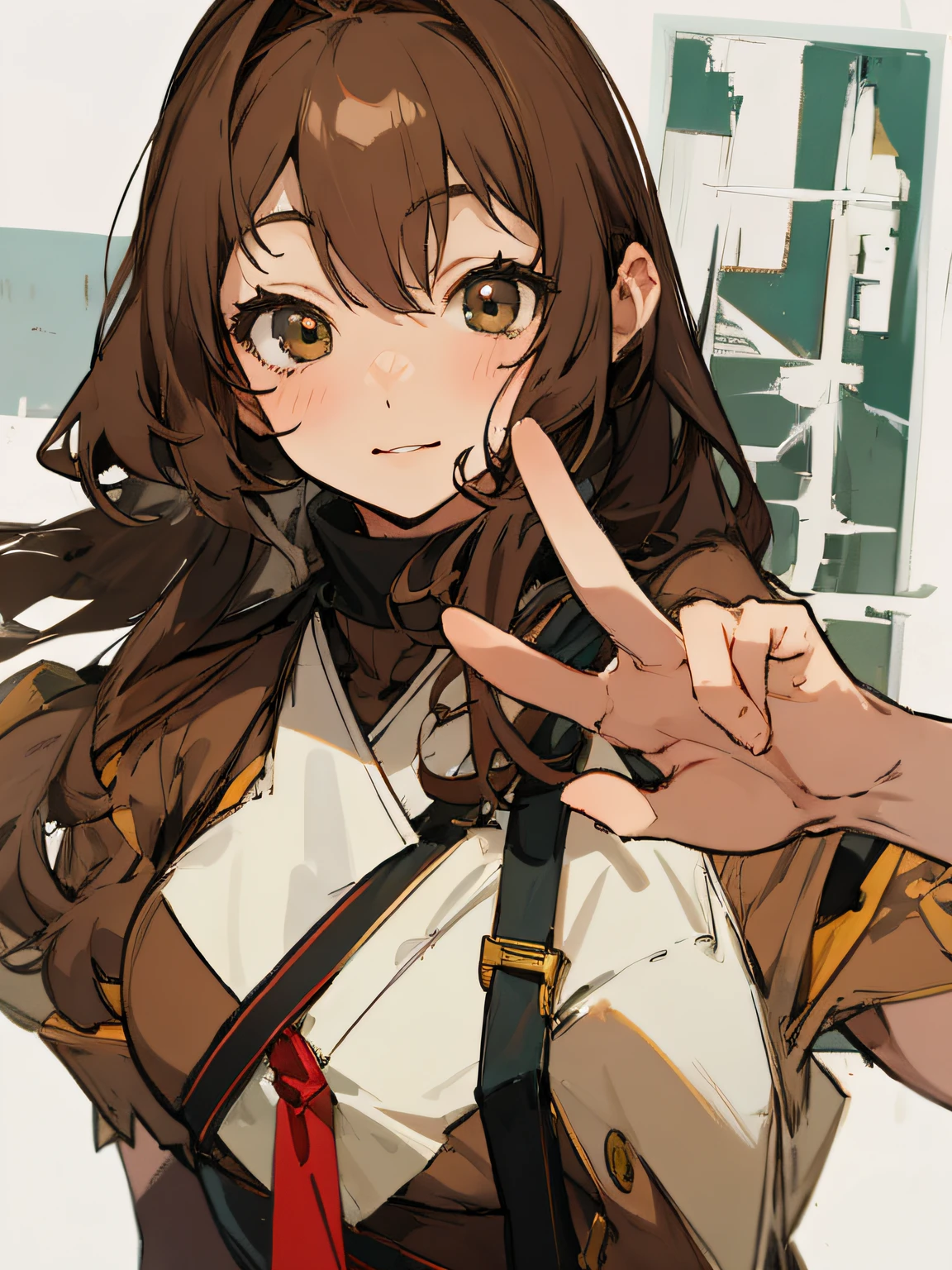 portrait,drawing of a woman peace sign,long brown hair,brown dress,pixiv,kishida mel style