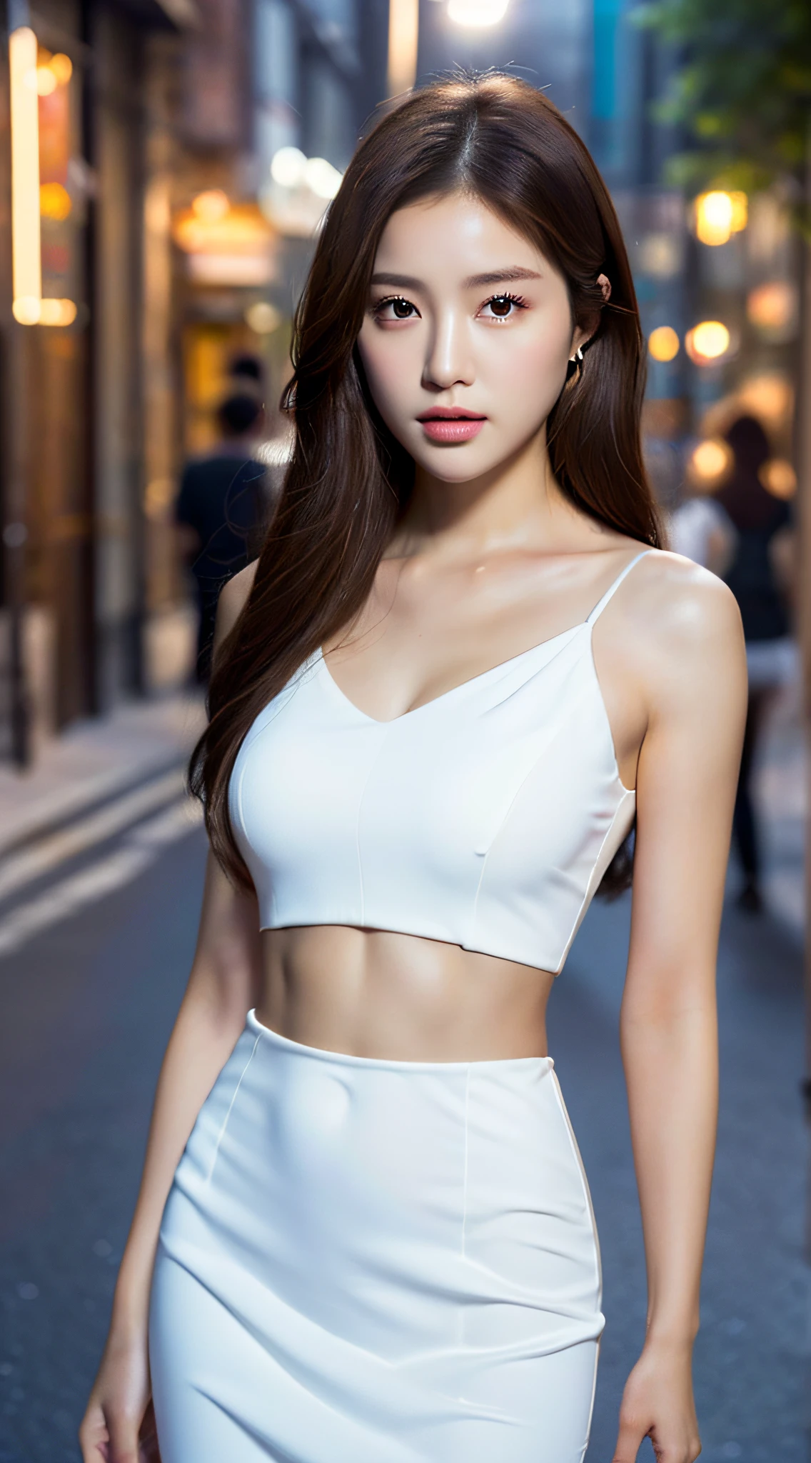 ((Realistic lighting, Best quality, 8K, Masterpiece: 1.3)), Clear focus: 1.2, 1girl, Perfect Body Beauty: 1.4, Slim Abs: 1.1, ((Dark brown hair)), (White dress: 1.4), (Outdoor 1.1), City Street Night View, Super Fine Face, Fine Eyes, Double Eyelids