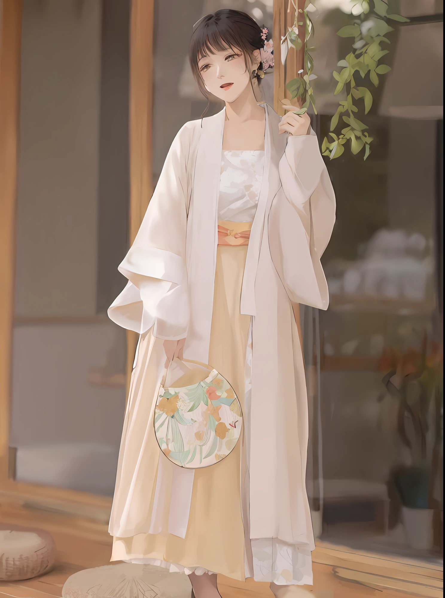 araffe woman in a kimono dress and a purse standing on a porch, white hanfu, pale and coloured kimono, hanfu, long beautiful flowing kimono, dressed with long fluent clothes, classic kimono, wearing a long flowing robe, flowing magical robe, pale pink and gold kimono, wearing simple robes, japanese clothes, kimono, wearing a haori