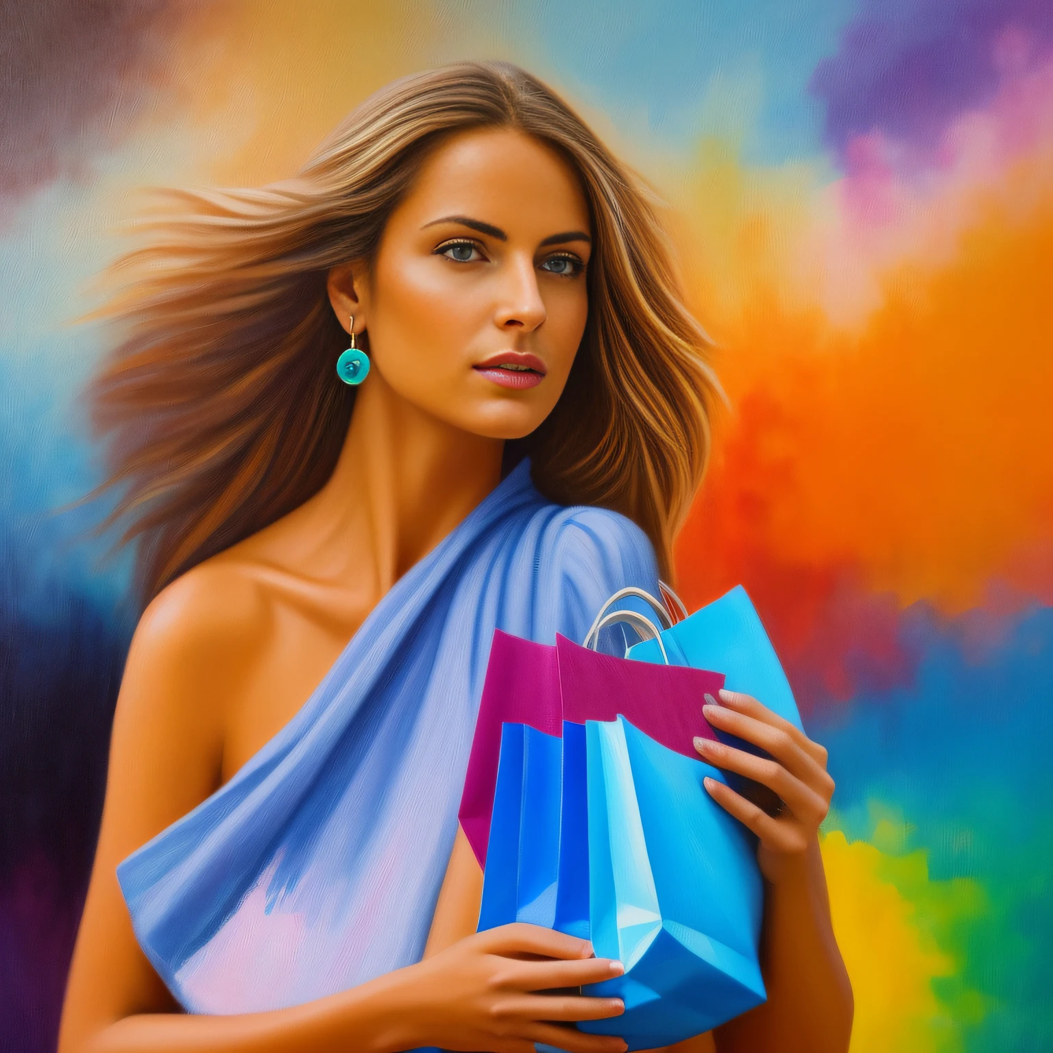 Painting one, a blonde woman at the mall shopping and carrying a bag on her shoulder. The image should show radiant beauty and convey an aura of serenity and introspection. Painting with cinematic quality, colorful, with well-defined colors, exceptional colors in 8K, highlighting every detail, revealing the perfection of the facial expression of the character.