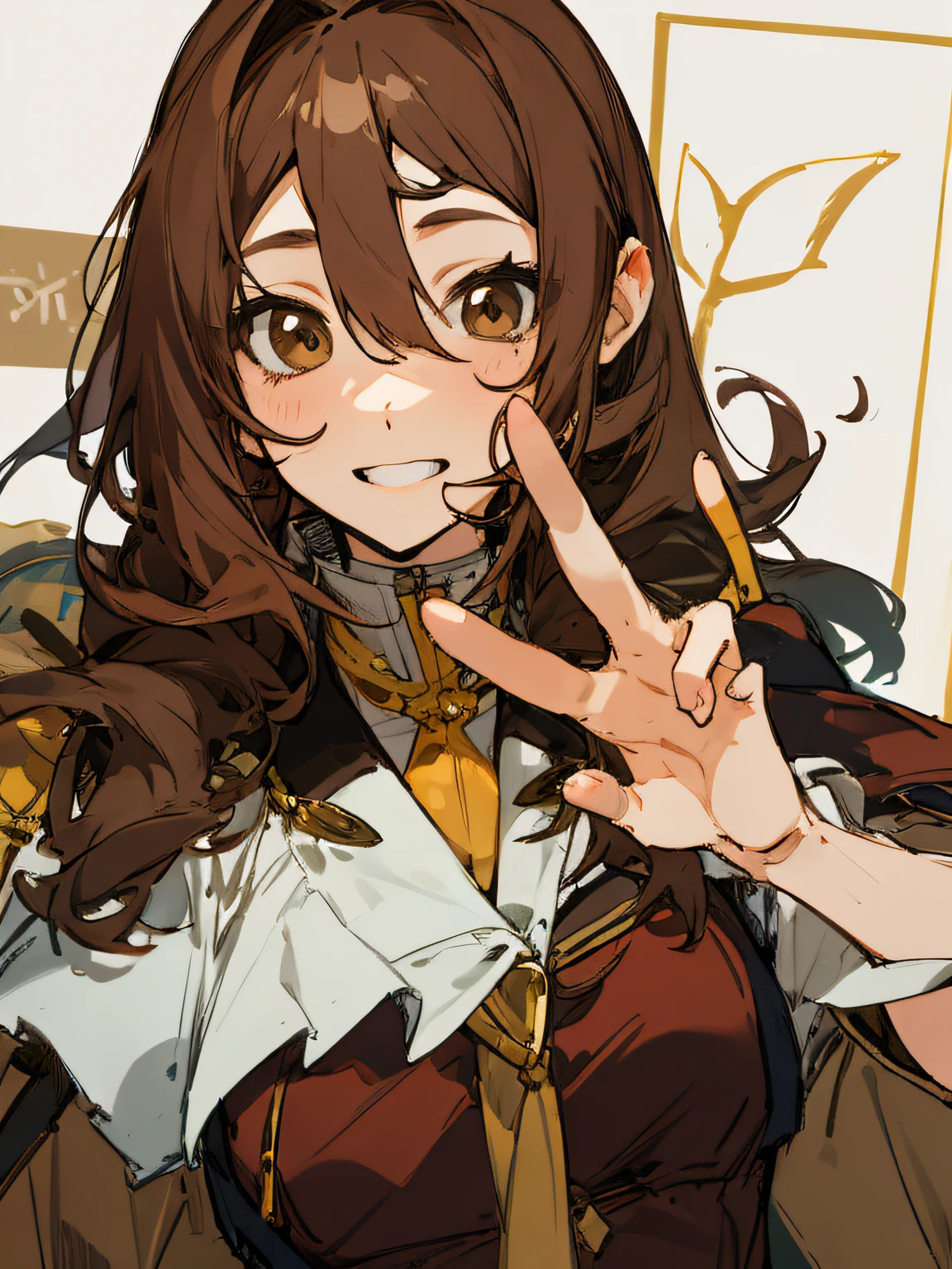 portrait,drawing of a woman peace sign,long brown hair,brown dress,pixiv,kishida mel style