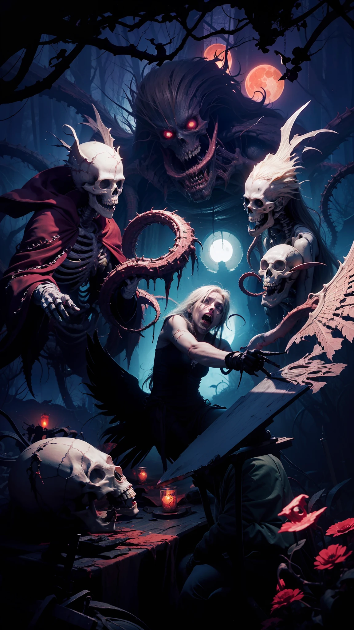 Fine matte painting, skeleton dark angel big wings haunted castle on drawing table full of knives, horror, spookiness, scary, secret horror, tentacles, vines, eyes, uncanny valley effect teeth, limbs, animals, blood moon