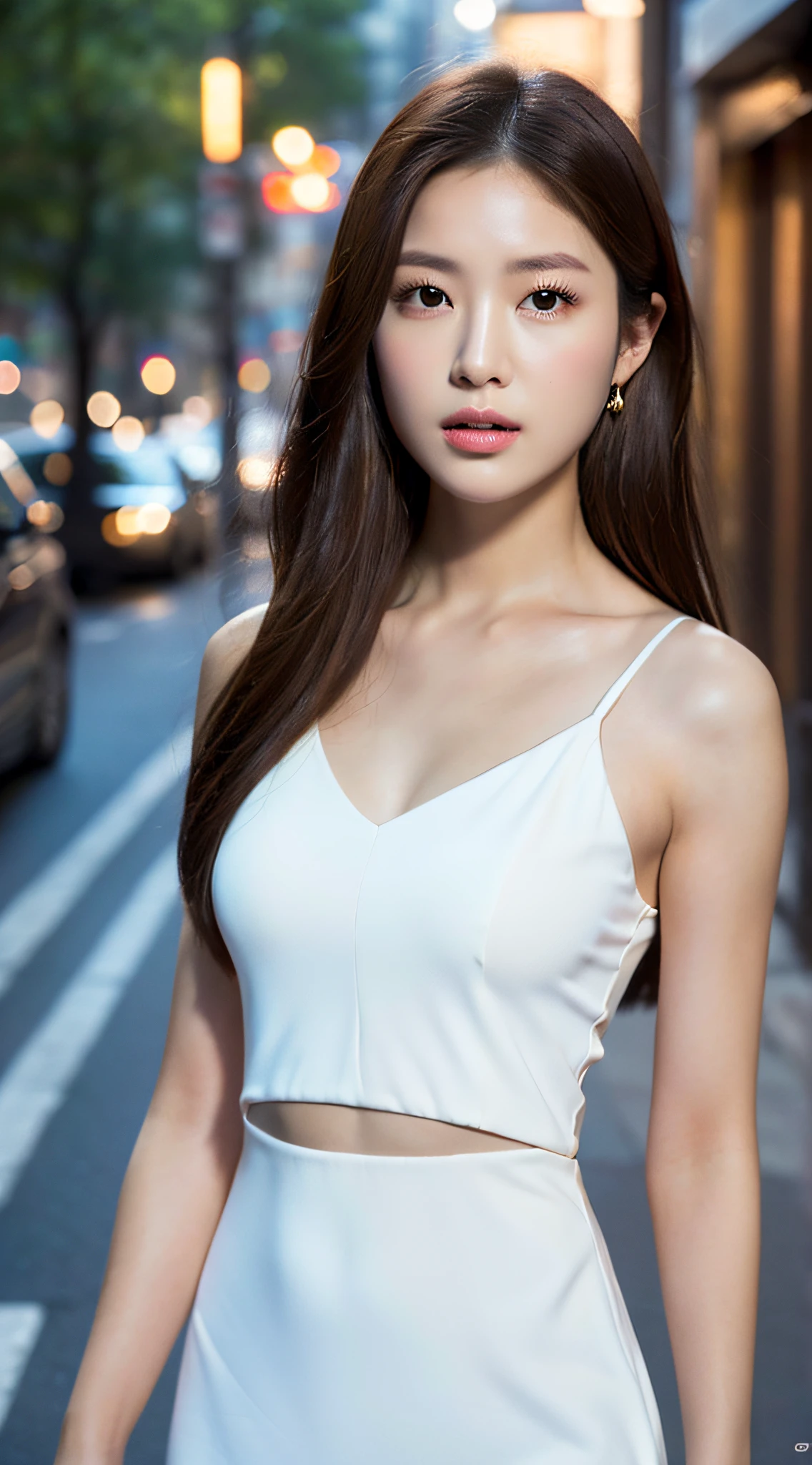 ((Realistic lighting, Best quality, 8K, Masterpiece: 1.3)), Clear focus: 1.2, 1girl, Perfect Body Beauty: 1.4, Slim Abs: 1.1, ((Dark brown hair)), (White dress: 1.4), (Outdoor 1.1), City Street Night View, Super Fine Face, Fine Eyes, Double Eyelids