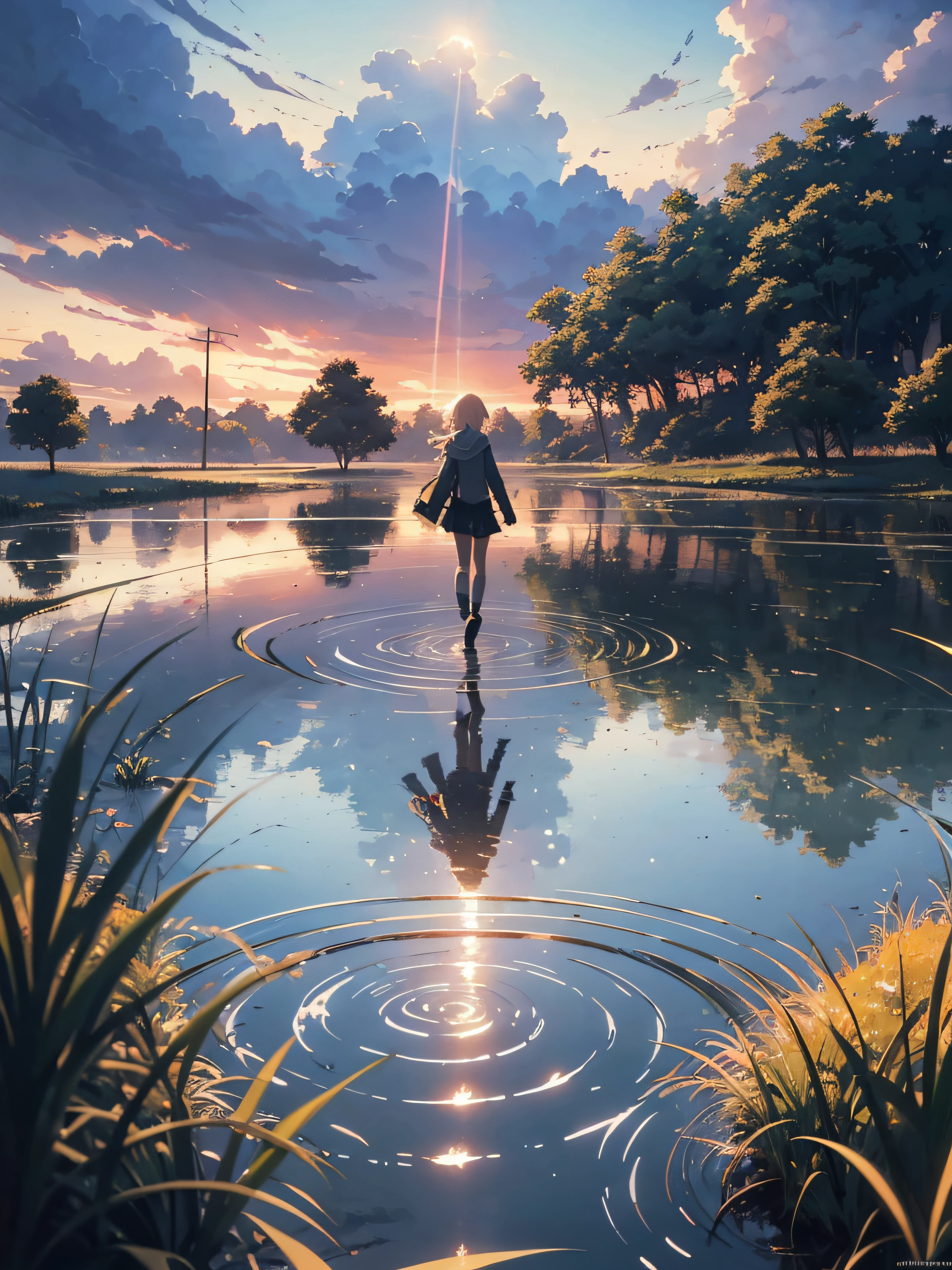 ((masterpiece)), best quality, anime art wallpaper 8 k, anime girl walking on water, ripples, backdrop of dawn, saturn in the background, illustration, concept art, anime, key visual, trending pixiv fanbox by wlop and greg rutkowski and makoto shinkai and mamoru hosada and studio ghibli, countryside landscape, rice field, 2 hours after sunrise