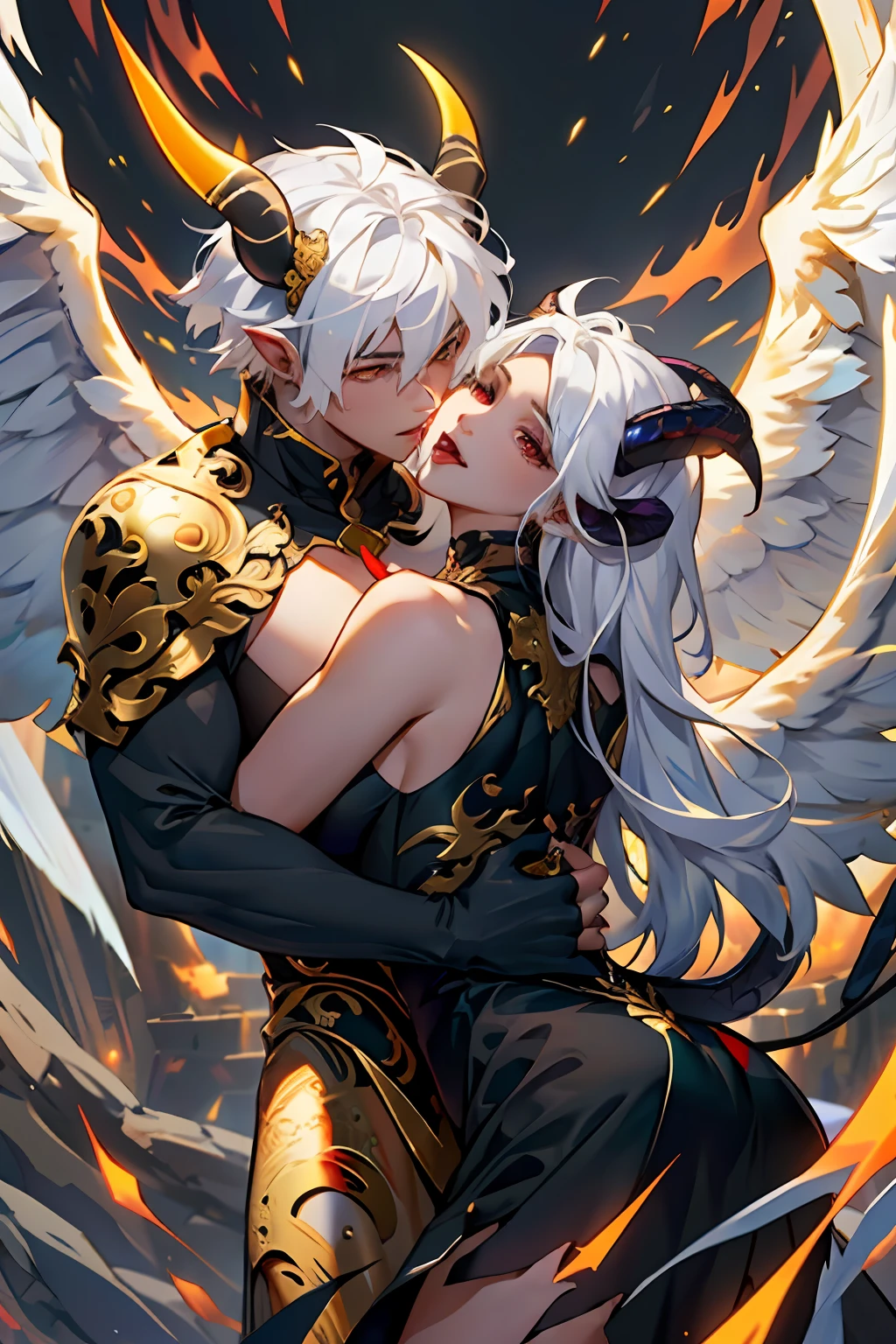 (Masterpiece: 1.3), (Best Quality: 1.2), 8k, Absurd, 8k wall shoot, (very detailed: 1.3), highest, girl, white hair, angel, big breasts, wings. Boy, long black hair, golden eyes, demon, golden dragon horns, hug, tongue kiss, gaze to the camera, split, subject