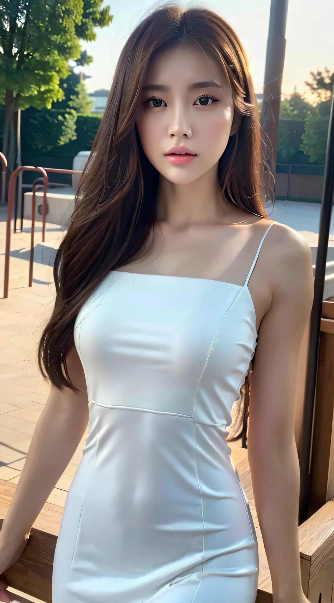 ((Realistic lighting, Best quality, 8K, Masterpiece: 1.3)), Clear focus: 1.2, 1girl, Perfect body beauty: 1.4, Slim abs: 1.1, ((dark brown hair)), (White dress: 1.4), (Outdoor 1.1), Playground night view, Super fine face, fine eyes, double eyelids