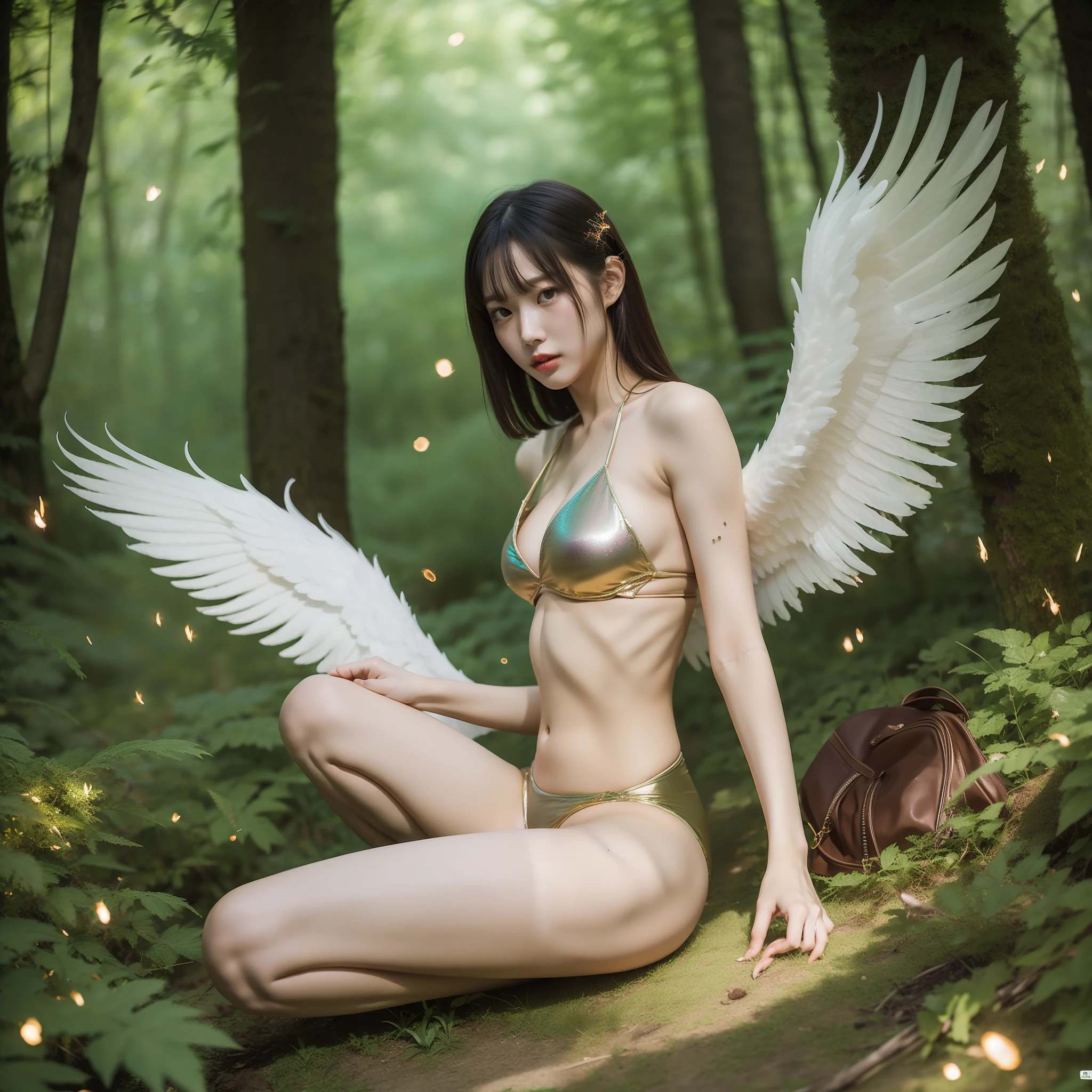 8k, raw, shimmer, psychedelic forest, beauty with white angel wings, bulging pubic bone, slender legs, temptation, night, surrounded by fireflies in the background