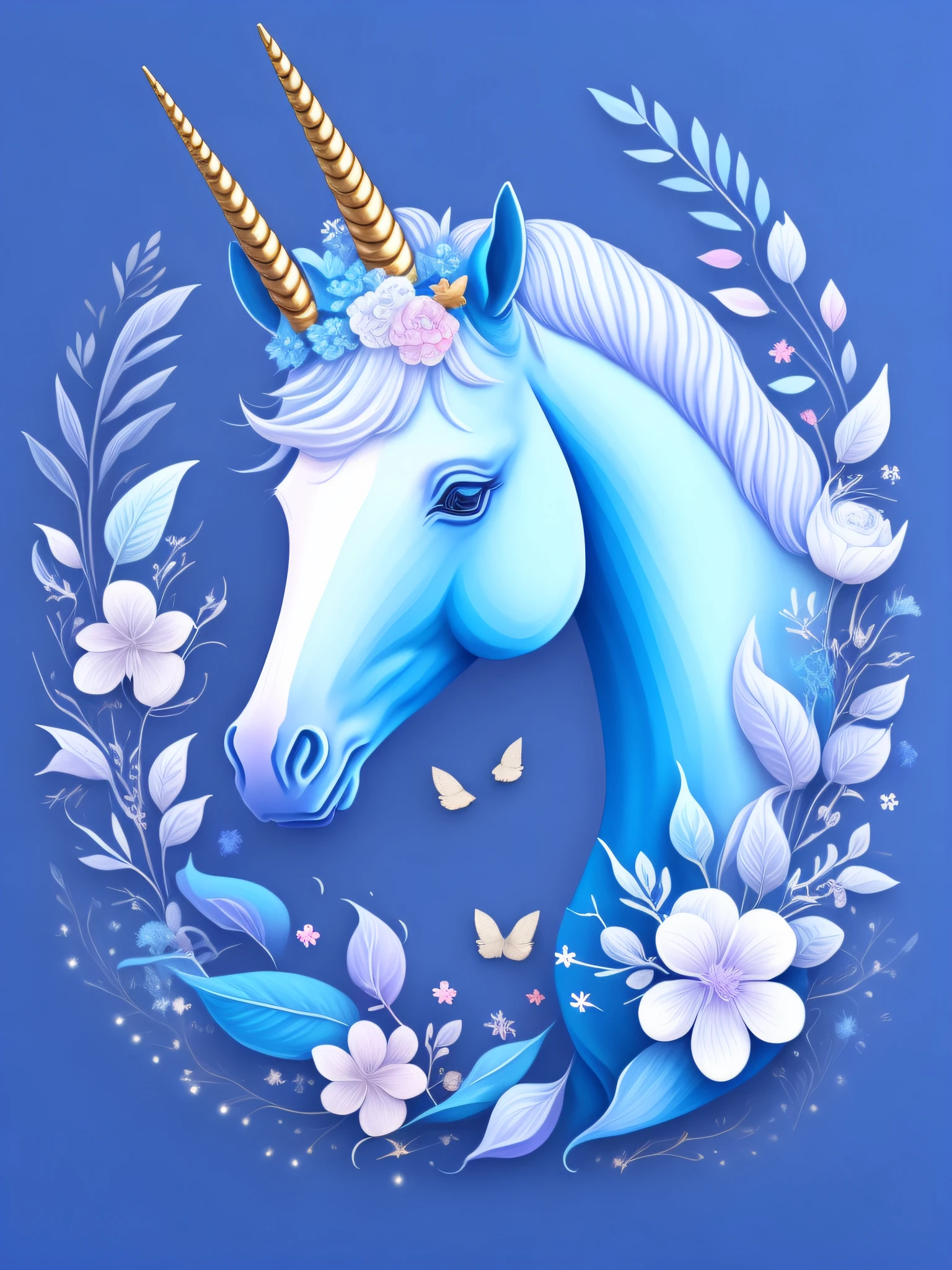 unicorn with flowers and leaves in its mane, unicorn, unicorn horn, unicorn, blue unicorn, white unicorn, mythical creature, unicorn, magical and mysterious, hd illustration,