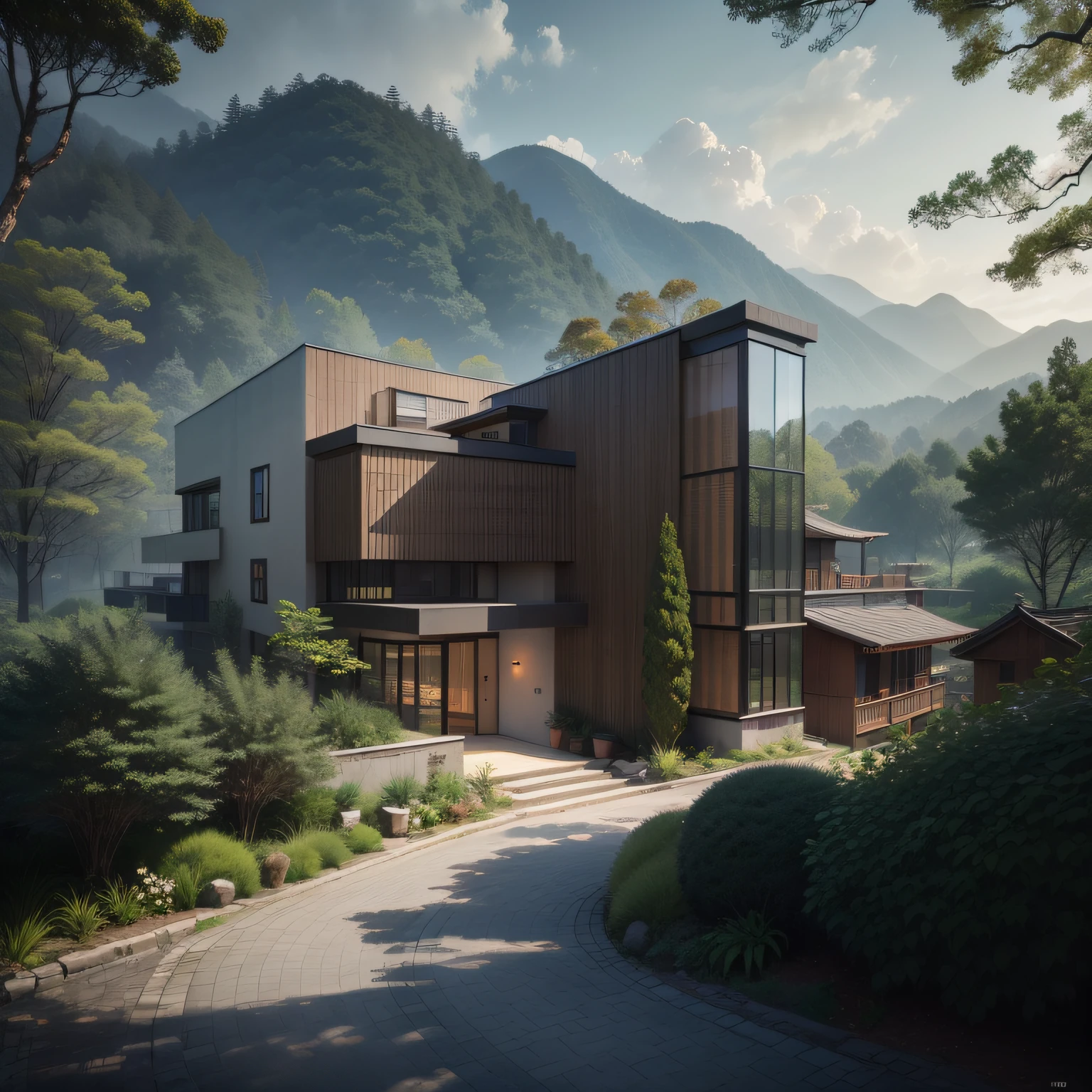 Location in Zhejiang Province, China, resort hotel, surrounded by mountains and forests, two rows of houses, modern style building, single-family building with two floors, the building can overlook the distance, garden landscape, steel structure building, glass surface