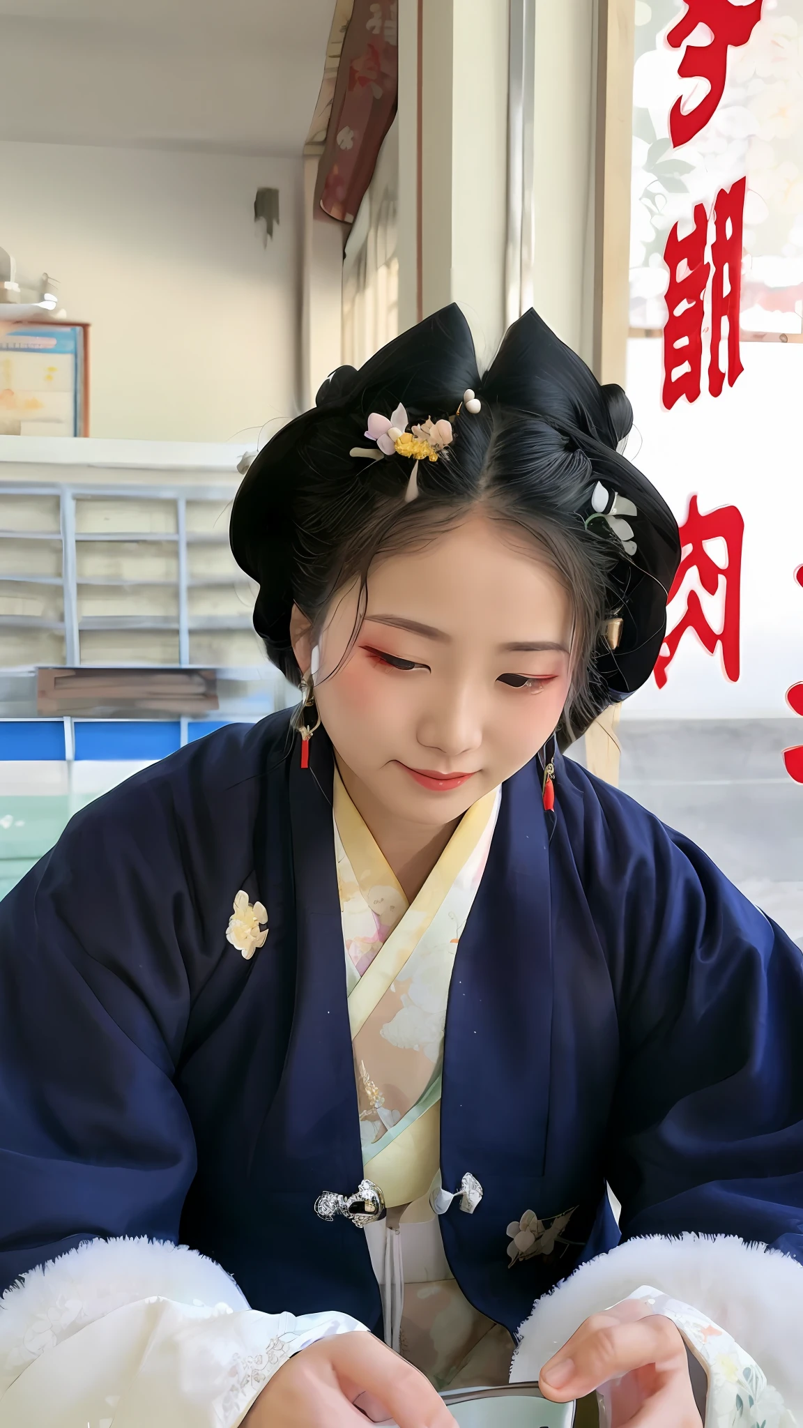 arafed woman in a kimono dress eating a meal, traditional female hairstyles, hanfu, traditional makeup, inspired by Jin Nong, palace ， a girl in hanfu, wearing ancient chinese clothes, hanbok, geisha hairstyle, korean woman, traditional beauty, korean hanbok, traditional, traditional dress, in kimono, traditional japanese, traditional clothes