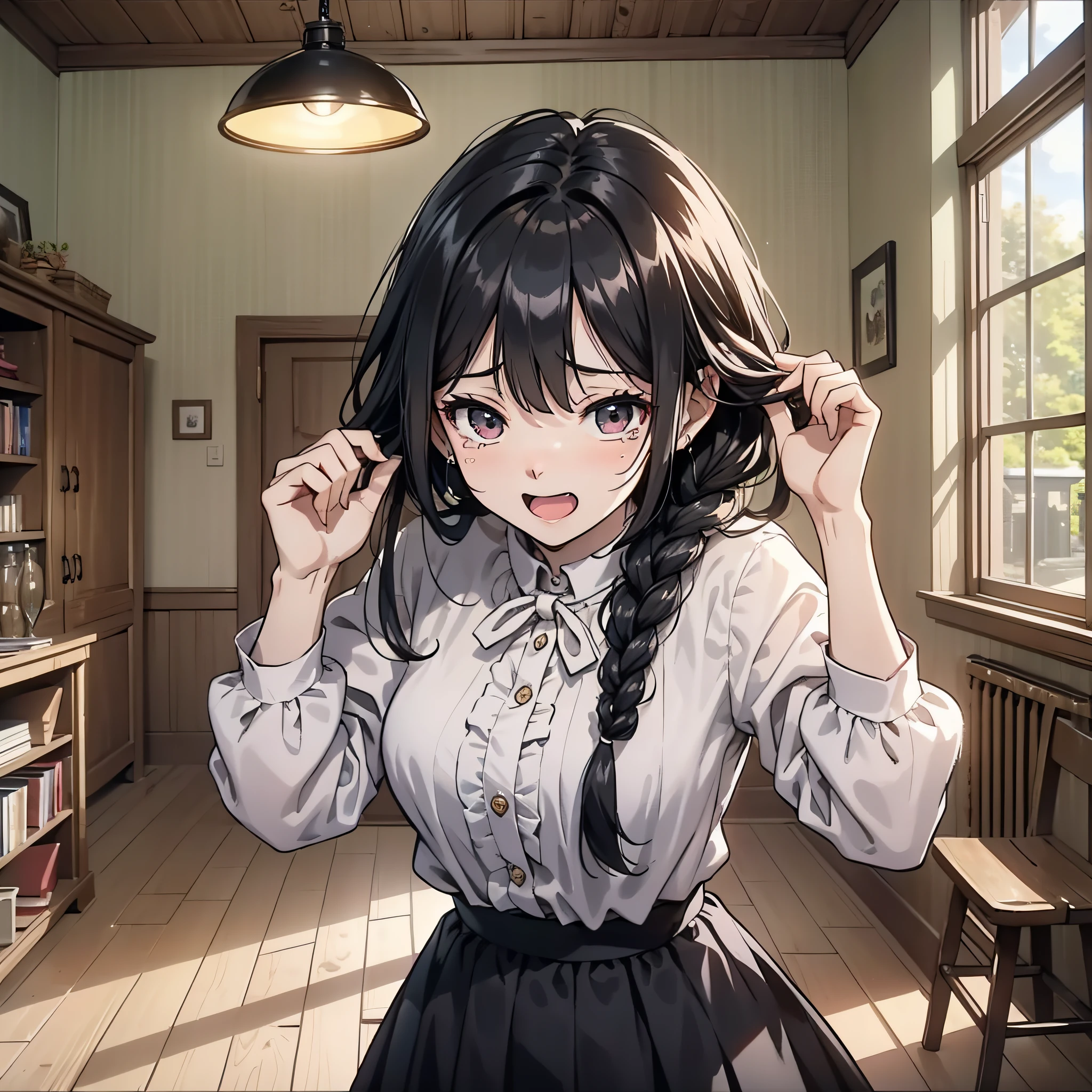 In a village room, a woman with long black hair and a braid and a white blouse stands in the room and raises her hands and cries, (laughing cry 1.5) (crashing crying 1.3) (tears 1.5) (tears 1.5) (background is in the village room 1.5) anime style 4 K, anime rendering, anime style. 8K, upper body display 1.5) (cinematic lighting 1.5)