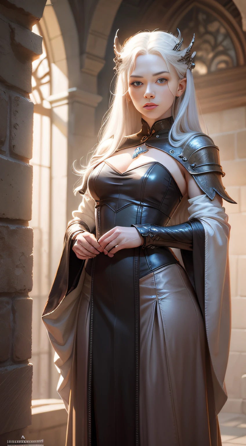 A young Mother of Dragons stood inside the dimly lit prison, with long white hair, large, bright eyes of gray and magical colors,
She wears a light and sophisticated leather robe that covers her body from chest to toe, inspired by Johannes Helgesen, cosplay, portrait, RPG book portrait, adventurer portrait, epic RPG portrait, clear RPG portrait, RPG character art, RPG portrait, Johannes Helgesen, full body RPG portrait, full body portrait