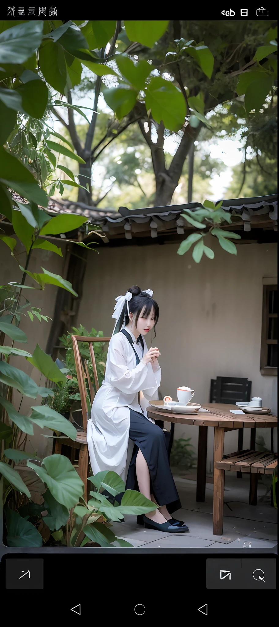 There is a woman sitting at the desk, carrying a plate of food, on the table is placed a cup of steaming tea palace, a girl in Hanfu, white Hanfu, inspired by Tang Yifen, inspired by Qian Gu, inspired by Yang Weizhen, inspired by An Zhenwen, inspired by Jiao Bingzhen, inspired by Tang Yin, inspired by Zhang Xuan, inspired by Gu An, best quality, masterpiece, high resolution
