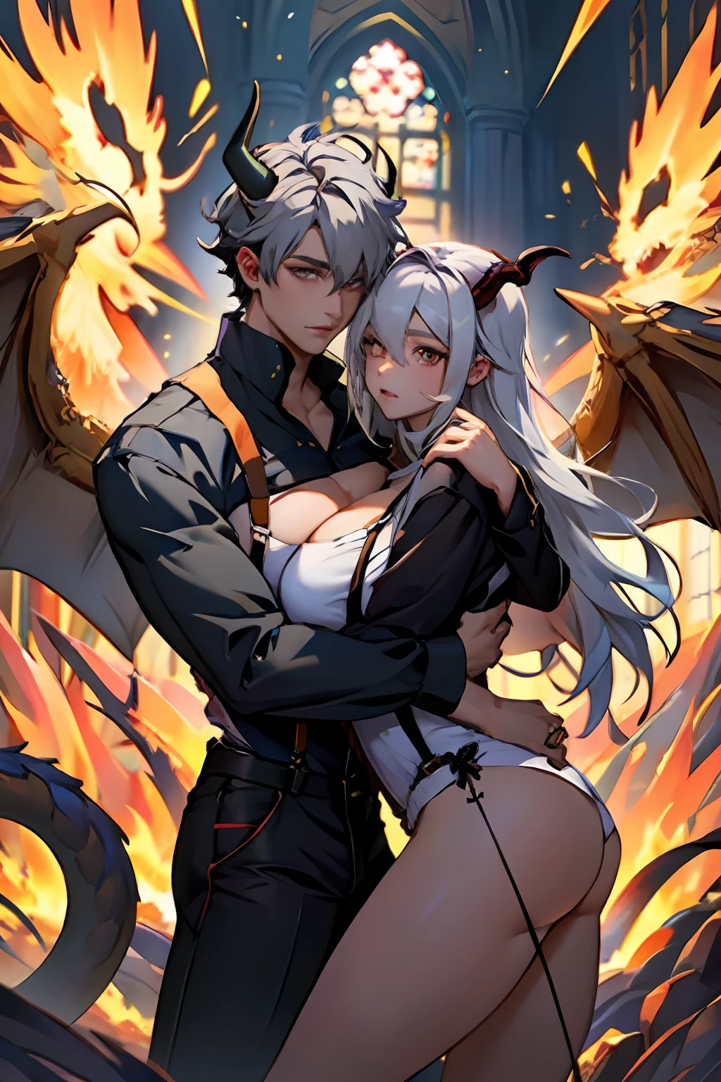 (Masterpiece: 1.3), (Best Quality: 1.2), 8k, Absurd, 8k wall shoot, (very detailed: 1.3), Tallest, Girl, Gray hair, Angel, suspenders, buttocks, cleavage, big breasts, long legs, wings. Boy, long black hair, golden eyes, demon, golden dragon horns, hug, warmth, gaze to the camera, split, subject