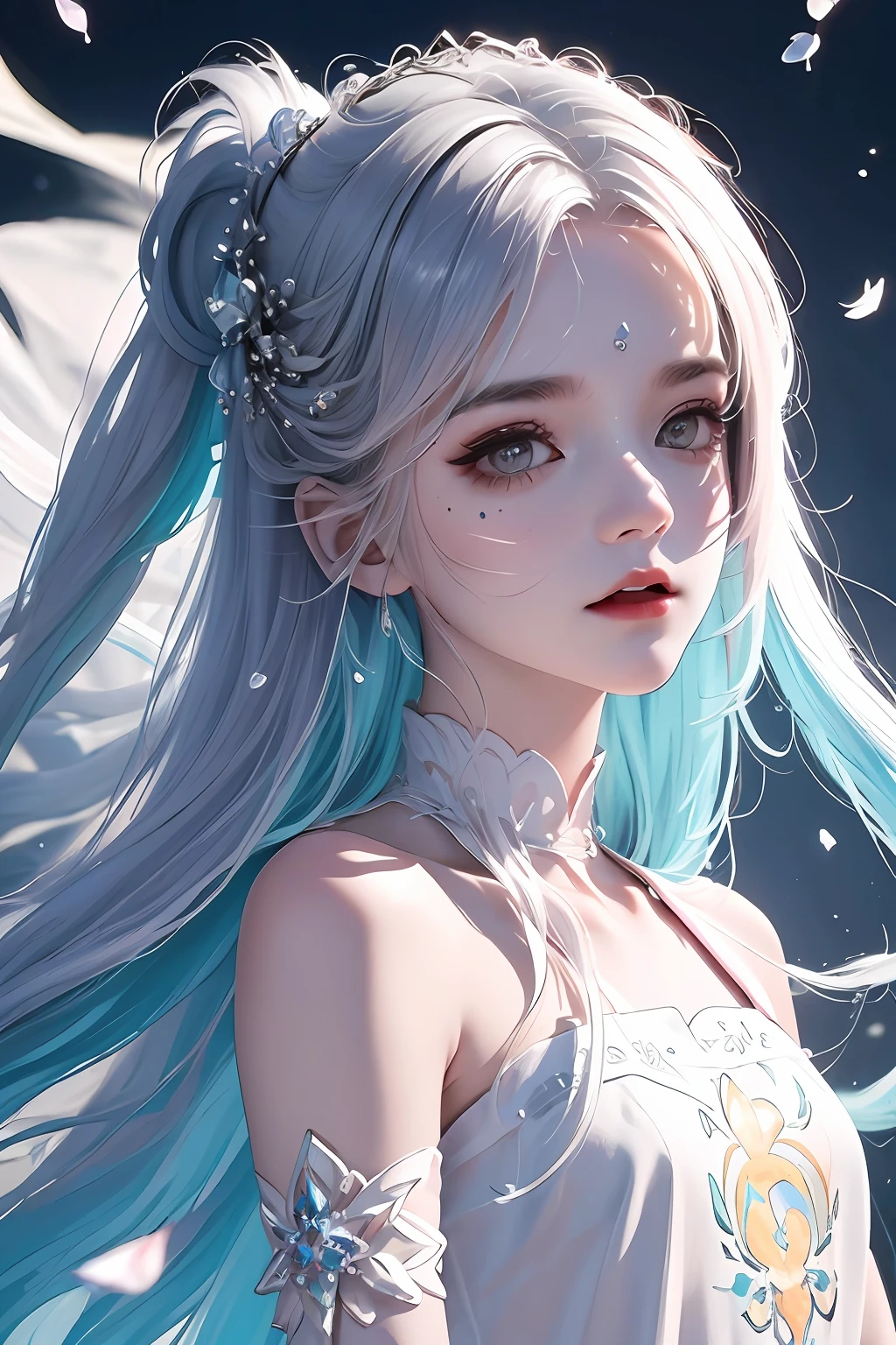 (Pink fashion T-shirt: 1.9), (Colorful hair: 1.8), (Rainbow all colors: 1.8), (((Vertical painting: 1.6))), (Painting: 1.6), Front, manga, illustration, painting, big eyes, crystal clear, (rainbow gradient high ponytail: 1.7), delicate makeup, shut up, (small freshness: 1.5), (bandeau: 1.6), long eyelashes, white off-the-shoulder T- shirt, White Shoulder Shirt, looking at the audience, Big watery eyes, (rainbow hair: 1.6), color splash, (solo:1.8), color splash, color explosion, colour splash, color explosion, thick lacquer style, messy lines, ((shining)), (colorful), (colorful), (colorful), colorful, Thick Paint Style, (Splash) (Color Splash), Vertical Painting, Upper Body, Paint Splash, Acrylic Pigment, Gradient, Paint, Highest Image Quality, Masterpiece, Solo, Depth of Field, Face Paint, colorful clothes, (elegance: 1.2), gorgeous, long hair, wind, (elegance: 1.3), (petals: 1.4), ((masterpiece))), ((best quality))), (ultra-detailed), (illustration), (dynamic angle), (floating), (paint), ((loose hair)), (solo), (1girl), ( ( ( detailed anima face))), (( Beautiful detailed face)), collar, exposed shoulders, white hair, ((colored hair)), ((striped hair)), beautiful detailed eyes, (gradient eyes), (colored eyes))), (colored background))), (high saturation))), ((surrounded by colorful splashes))),