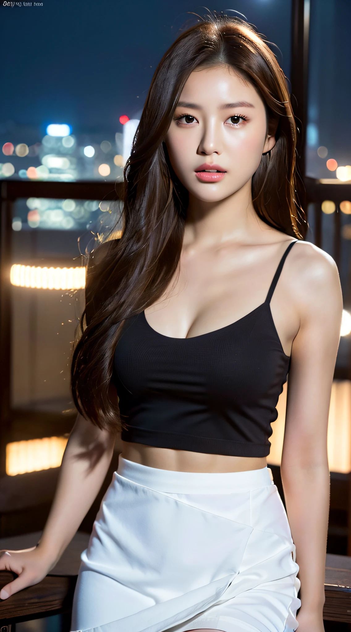 ((Realistic lighting, Best Quality, 8K, Masterpiece: 1.3)), Clear Focus: 1.2, 1girl, Perfect Body Beauty: 1.4, Slim Abs: 1.1, ((Dark Brown Hair)), (White Hip Wrapped Skirt: 1.4), () Outdoor 1.1), City Night View, Super Fine Face, Fine Eyes, Double Eyelids