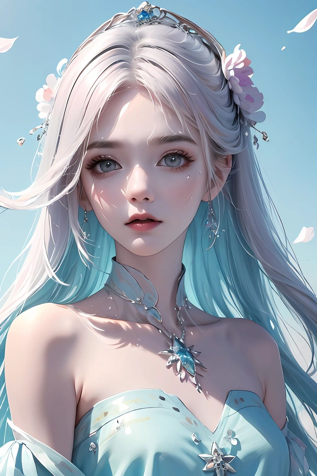 (Pink fashion T-shirt: 1.9), (Colorful hair: 1.8), (Rainbow all colors: 1.8), (((Vertical painting: 1.6))), (Painting: 1.6), Front, manga, illustration, painting, big eyes, crystal clear, (rainbow gradient high ponytail: 1.7), delicate makeup, shut up, (small freshness: 1.5), (bandeau: 1.6), long eyelashes, white off-the-shoulder T- shirt, White Shoulder Shirt, looking at the audience, Big watery eyes, (rainbow hair: 1.6), color splash, (solo:1.8), color splash, color explosion, colour splash, color explosion, thick lacquer style, messy lines, ((shining)), (colorful), (colorful), (colorful), colorful, Thick Paint Style, (Splash) (Color Splash), Vertical Painting, Upper Body, Paint Splash, Acrylic Pigment, Gradient, Paint, Highest Image Quality, Masterpiece, Solo, Depth of Field, Face Paint, colorful clothes, (elegance: 1.2), gorgeous, long hair, wind, (elegance: 1.3), (petals: 1.4), ((masterpiece))), ((best quality))), (ultra-detailed), (illustration), (dynamic angle), (floating), (paint), ((loose hair)), (solo), (1girl), ( ( ( detailed anima face))), (( Beautiful detailed face)), collar, exposed shoulders, white hair, ((colored hair)), ((striped hair)), beautiful detailed eyes, (gradient eyes), (colored eyes))), (colored background))), (high saturation))), ((surrounded by colorful splashes))),