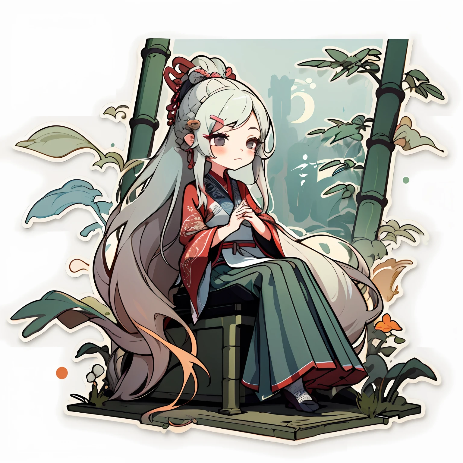 1 sticker, handbook, (sticker, 1 girl, Chinese Ming dynasty clothes, gorgeous collar top, pleated long skirt, hanfu, embroidery, hairpin, bamboo, moss, pavilion, parts split), watercolor, white background, simple background, minimal, cute, tiny, pastel color, vector style, no gradient,