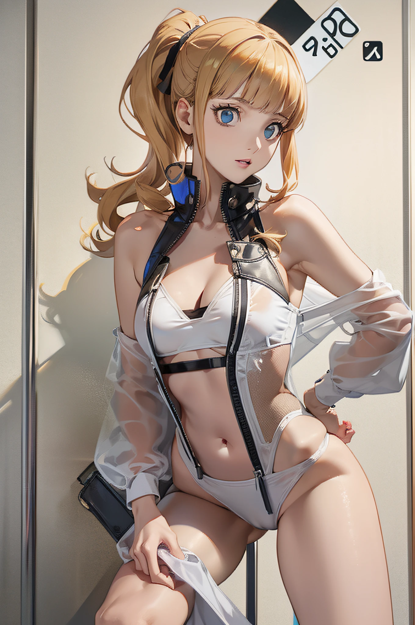 Persona 5 Art Style, Persona 5 Style, Kasumi Yoshizawa, Girl in Swimsuit, Full Length Portrait, High Quality, Ponytail, Small Breasts, Bangs, Smooth Thighs, Patsun, Top Quality, Ultra High Definition, Fine Eyes, Slender Legs, Fine Beautiful Eyes, 8K, White Bikini, Protruding Buttocks, Blonde, Blonde Hair