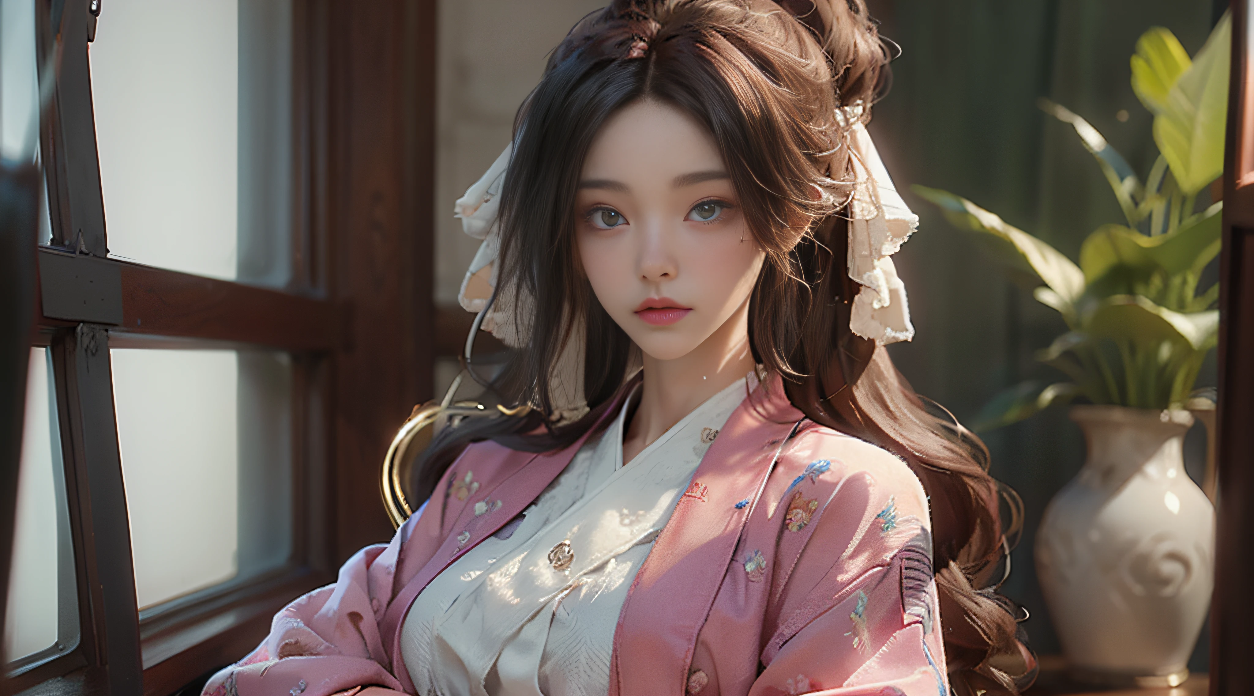 ((Best Quality)), ((Masterpiece)), (Detail: 1.4), 3D, Beautiful Cyberpunk Female Image, HDR (High Dynamic Range), Ray Tracing, NVIDIA RTX, Super Resolution, Unreal 5, Subsurface Scattering, PBR Texture, Post-Processing, Anisotropic Filtering, Depth of Field, Maximum Sharpness and Sharpness, Multi-layer Texture, Albedo and Highlight Mapping, Surface Coloring, Mitsu-Accurate Simulation of Material Interactions, Perfect Proportions, Octane Rendering, Two-color Light, Large Aperture, Low ISO, white balance, regular three-point, 8K RAW, beautiful bright pupils, flowing robe, fine pupils, delicate face and eyes, long eyelashes, blush, fluffy hair, pink lips, pure, cute